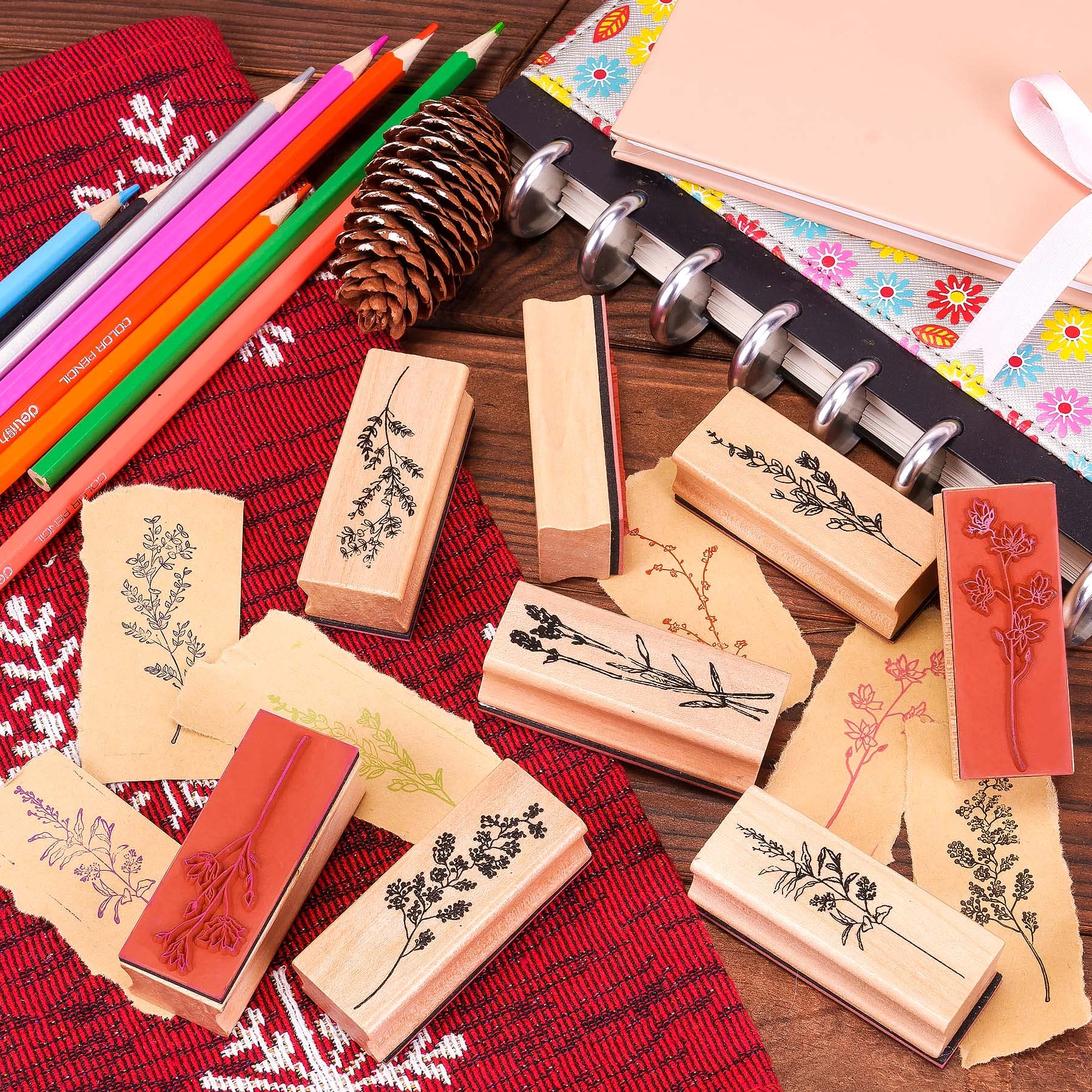 Vintage Wood Rubber Stamps 8pcs - Floral DIY Crafts for Scrapbooking & Cards