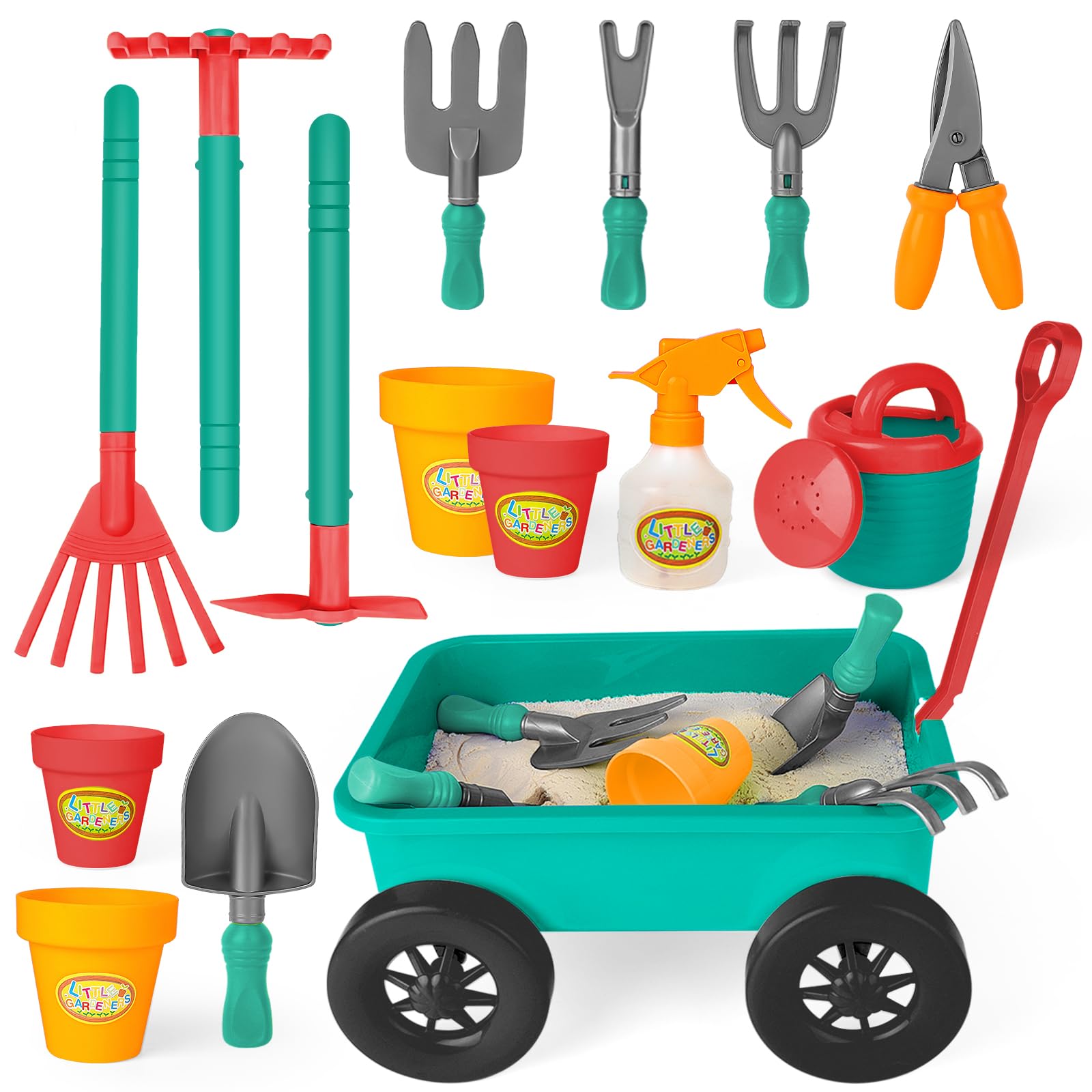 **deAO Kids Garden Wagon Wheelbarrow & Gardening Tools Play Set – 10-Piece Outdoor Toy Kit with 4 Plant Pots – Fun Gardening Pretend Play for Toddlers & Preschoolers – Perfect for Backyard, Sandbox & Outdoor Exploration**