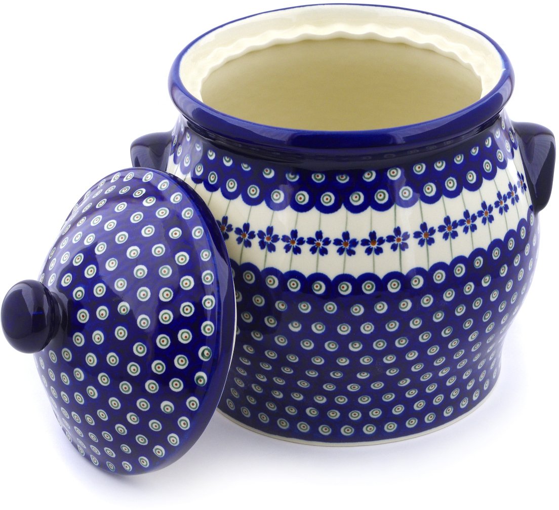 Authentic Polish Pottery 11.25-inch Jar with Lid & Handles - Flowering Peacock Design | Handmade Ceramic Storage Container | Perfect for Kitchen, Pantry & Home Decor