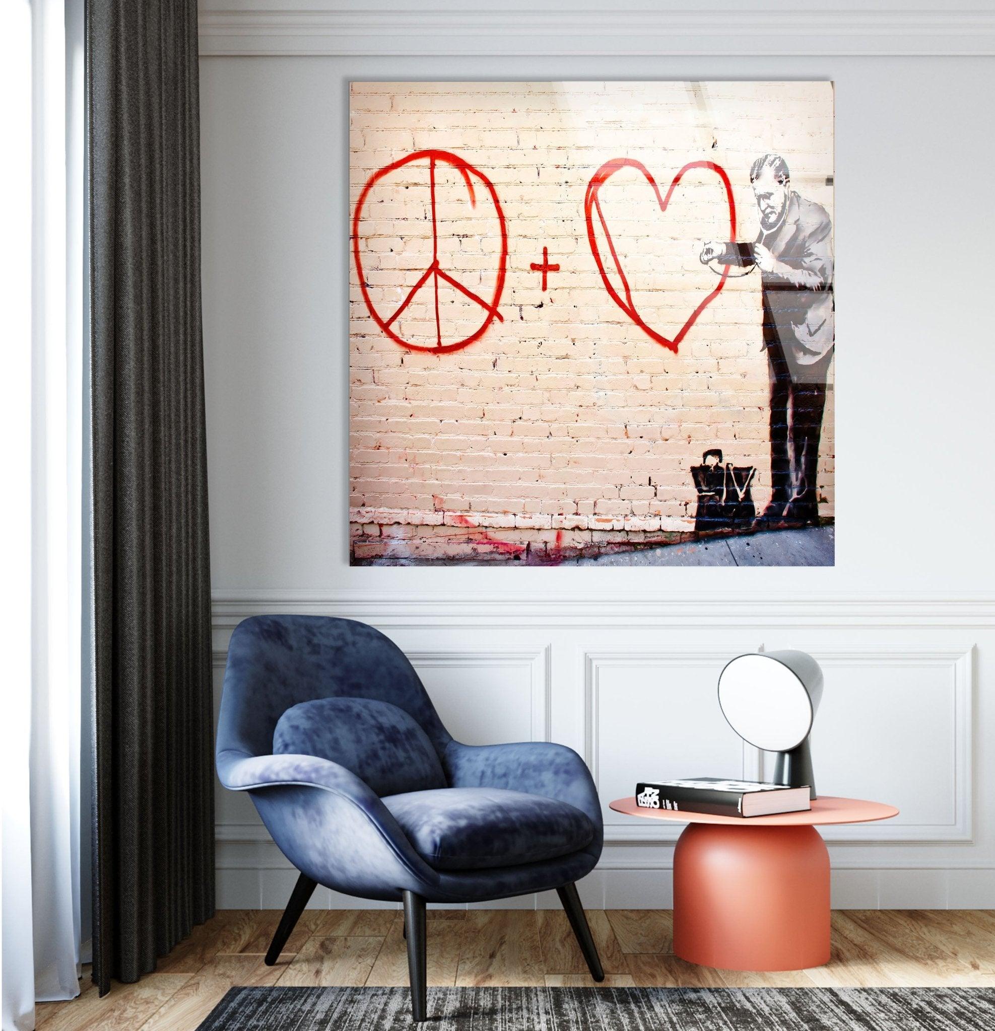 Banksy Peace and Love Glass Wall Art - Modern Home Decor for Living Room, Bedroom & Office - Unique Street Art Inspired Glass Panel