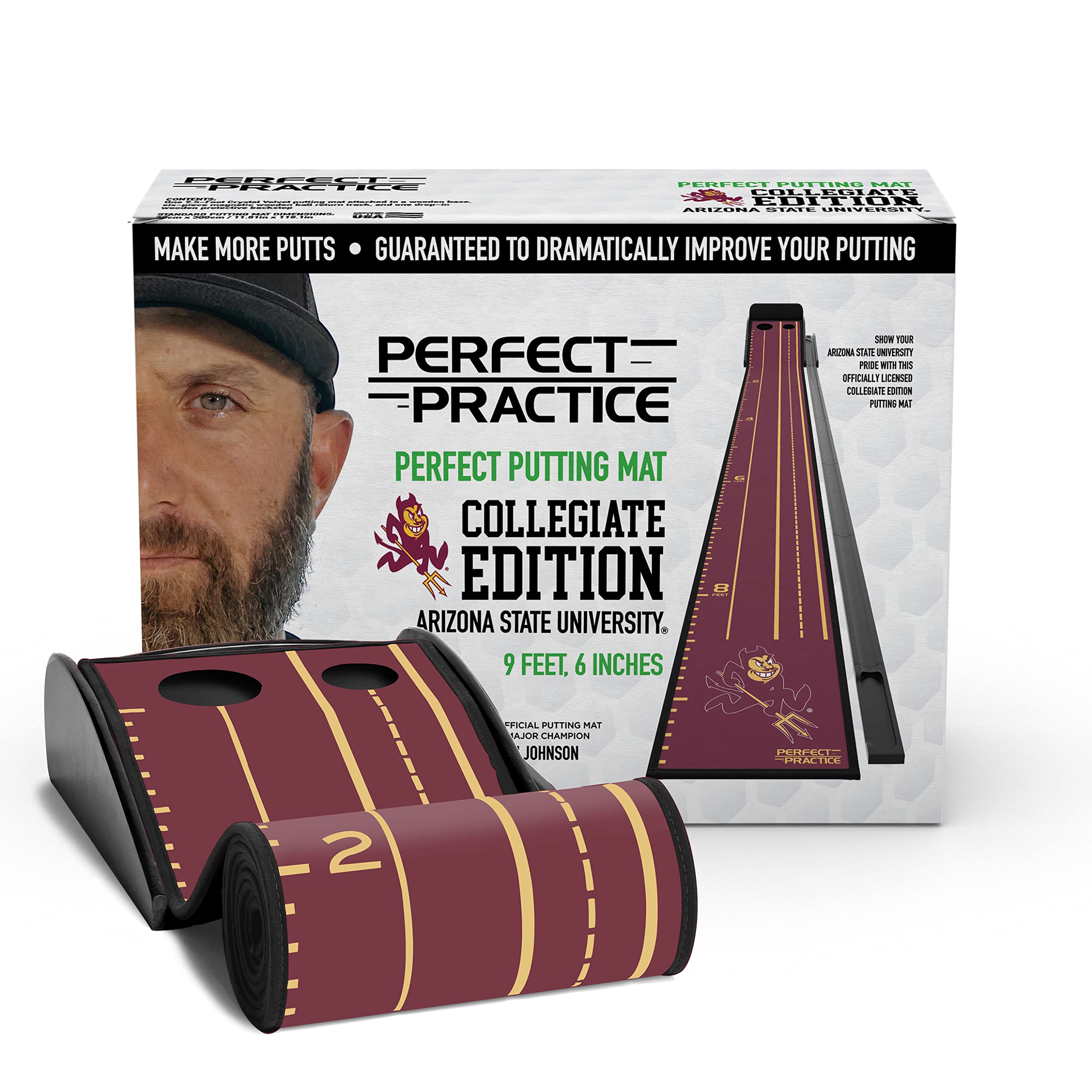 PERFECT PRACTICE Putting Mat Collegiate Edition - Arizona State University Golf Training Aid - Indoor Putting Green with 2 Holes for Home & Office Practice - Ideal Golf Gift for Men & Women - Perfect for Small Spaces, Apartment Golf & Winter Training