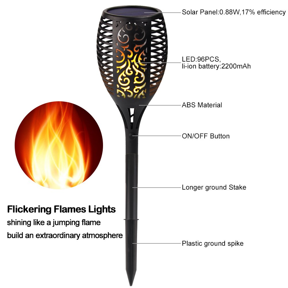 ELEOPTION 96 LED Solar Garden Torch Lights - Waterproof Outdoor Solar Lights for Patio, Yard, Pathway - 2 Pack Solar Powered Landscape Lighting for Backyard, Deck, Poolside
