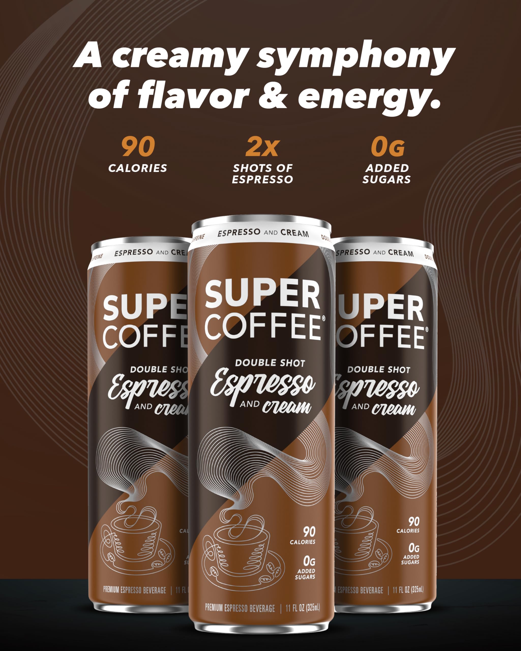 SUPER COFFEE Espresso & Cream Iced Keto Coffee - 0g Added Sugar, 90 Calories, 12 Pack (11 Fl Oz) | Protein Coffee Drink for Energy, Weight Loss & Keto Diet | Soy Free, Gluten Free | Perfect for Morning Boost, Workout Fuel & Office Refreshment