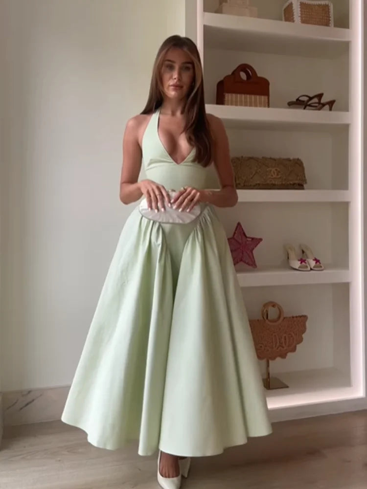 Elegant V-Neck Green Long Dress for Women - High Waist A-Line Halter Midi Vestidos - Summer Evening Party Dress 2025 - Perfect for Weddings, Cocktail Parties & Formal Events