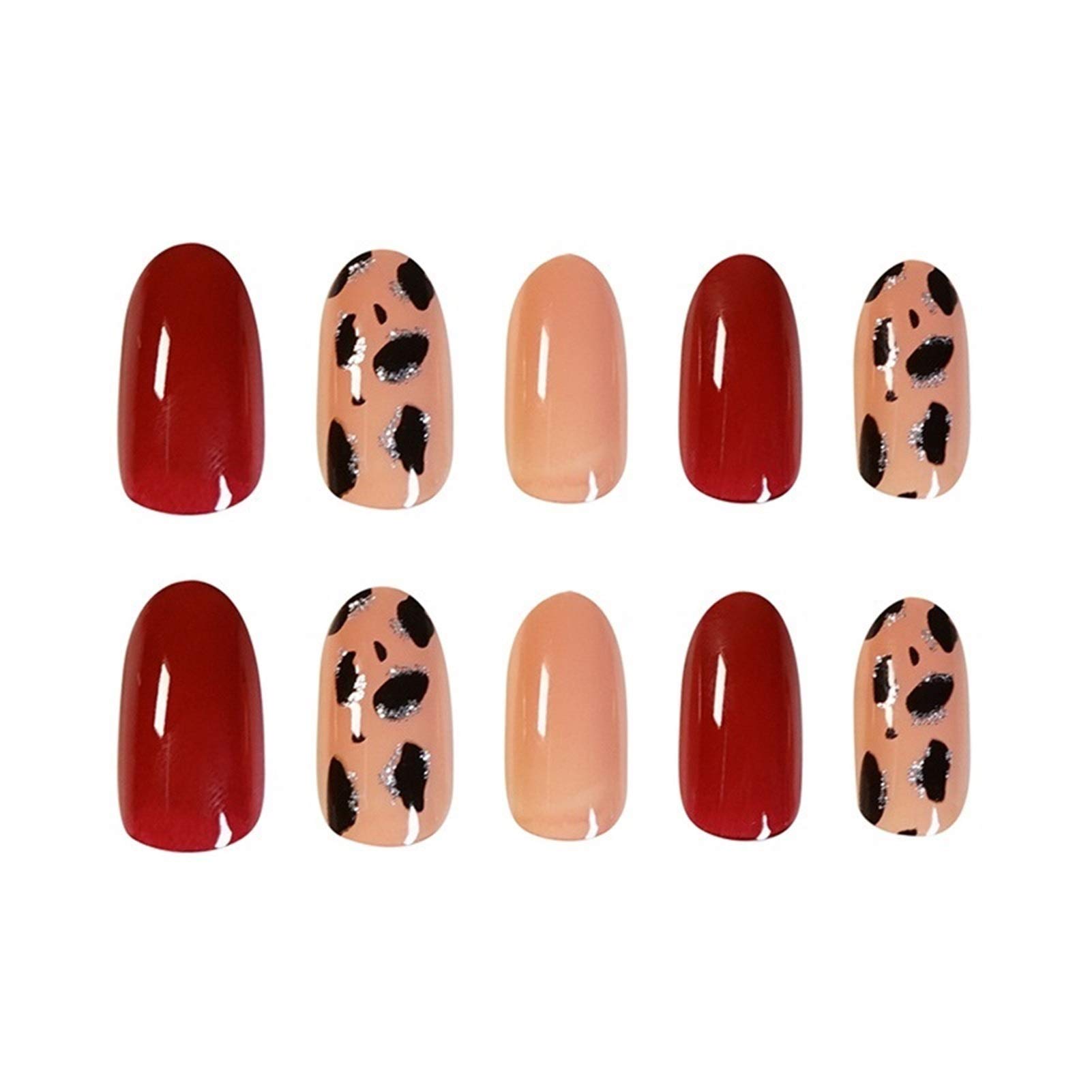 24pcs Fake Nails with Glue - Wine Red Leopard Print Press on Nails for Autumn Winter, Reusable False Nails for Women, Perfect for Parties, Weddings and Special Occasions