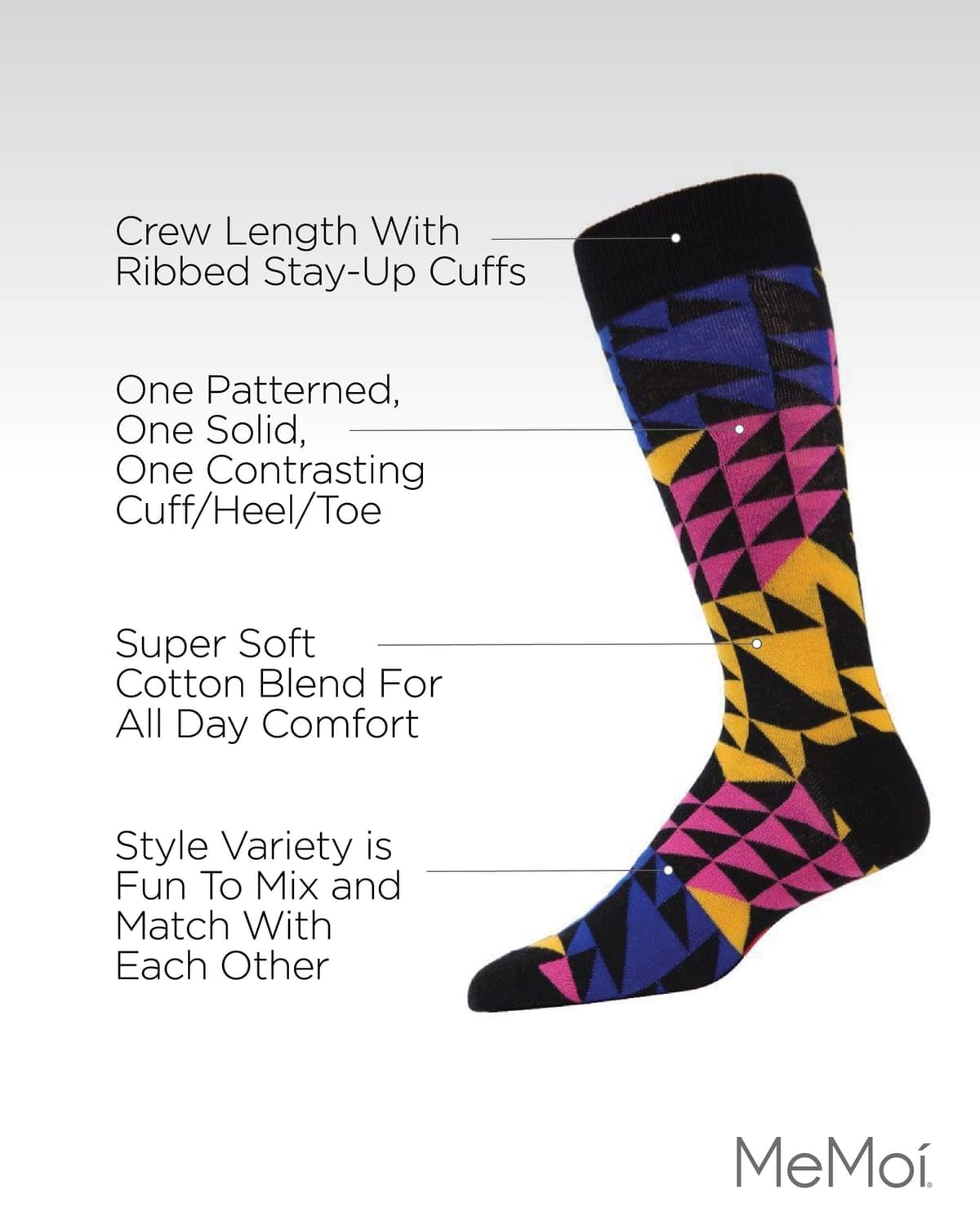 MeMoi Men's 3-Pack Asymmetrical Cotton Blend Crew Socks - Comfortable Casual & Athletic Socks for Everyday Wear, Gym, Work & Outdoor Activities