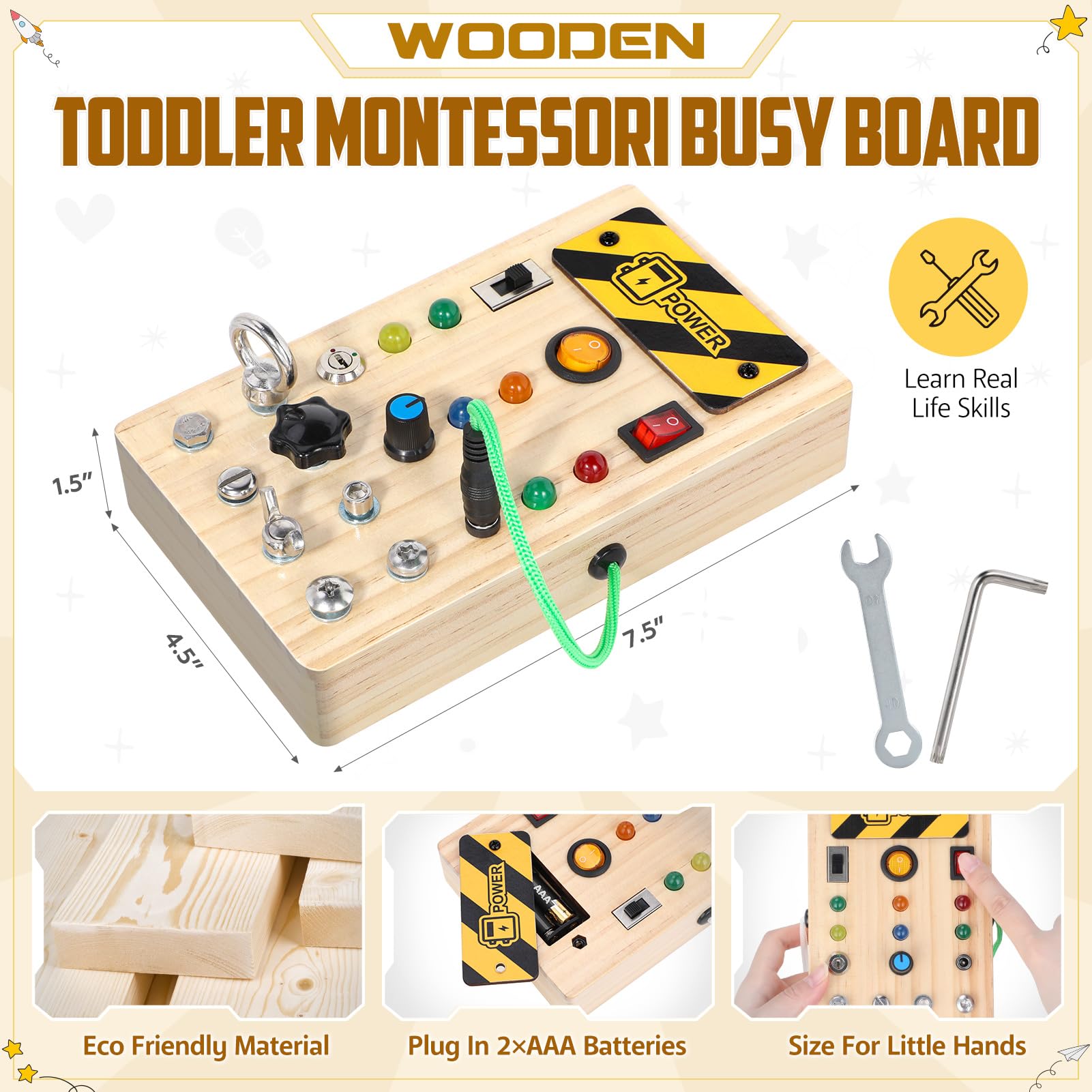 Montessori Busy Board for Toddlers 1-3 Years - Wooden Sensory Activity Toy with LED Lights - Educational Learning Toy for 3 4 Year Old Boys & Girls - Perfect Christmas Birthday Gift for Kids - Great for Travel, Home Play & Early Childhood Development