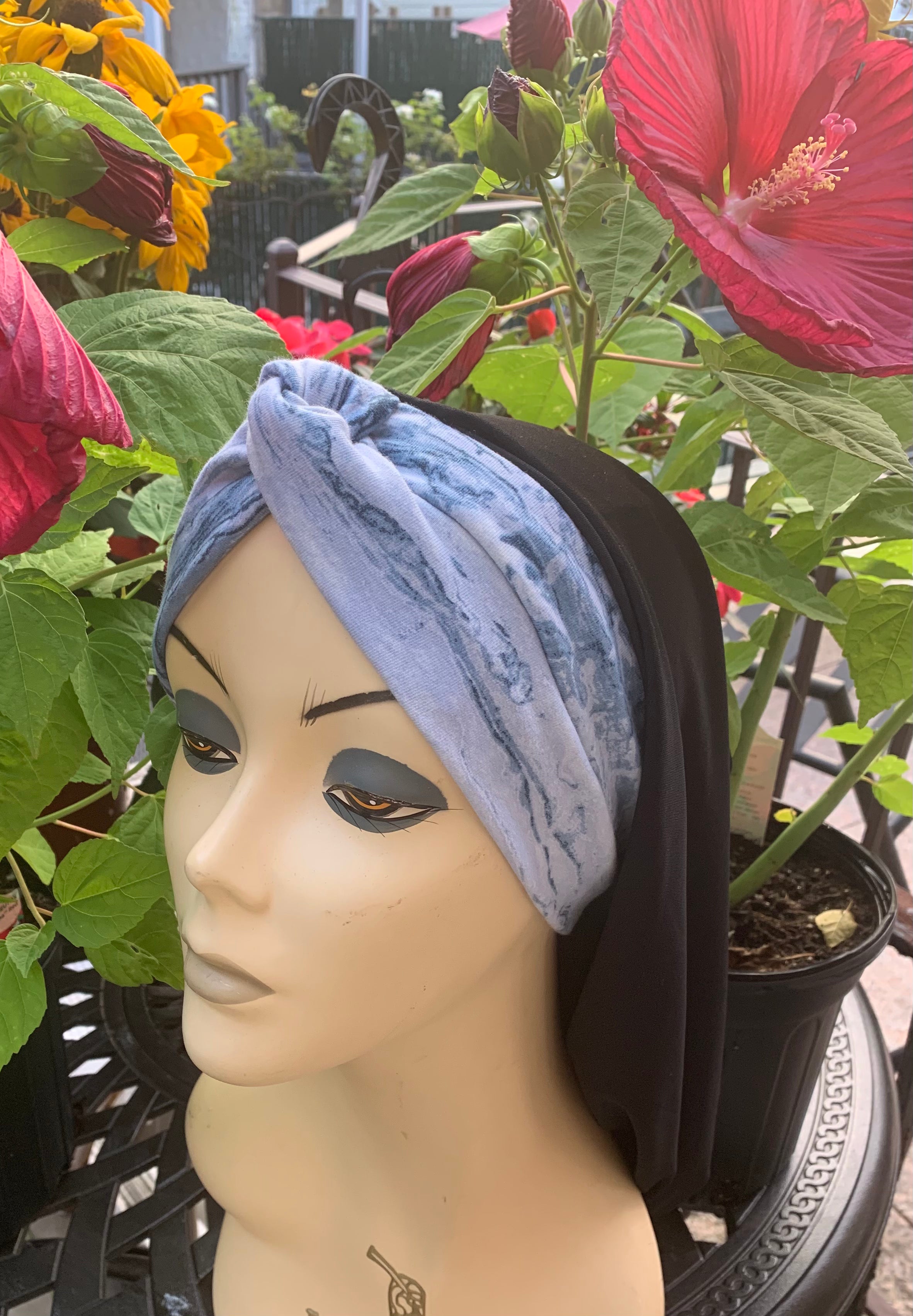 Black & Light Blue Snood Turban Hijab - Made in USA - Stylish & Comfortable Headwear for Women - Perfect for Daily Wear, Workouts & Special Occasions