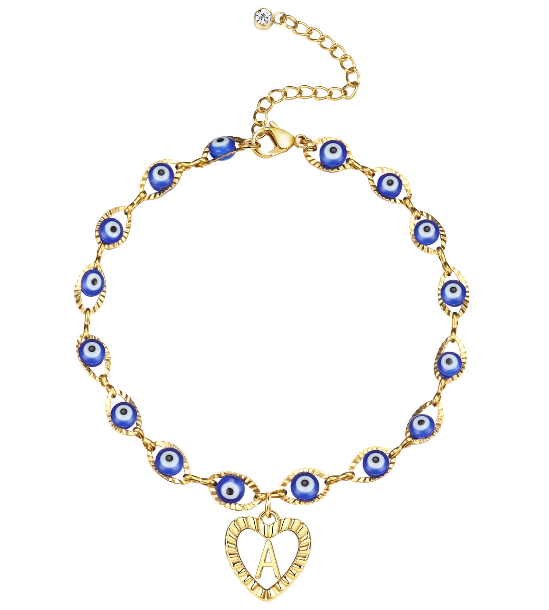 Evil Eye Anklet Bracelet for Women - 14K Gold Plated Heart Letter Pendant Protection Anklet - Initial Personalized Lucky Jewelry for Everyday Wear, Beach Vacation & Boho Style Outfits