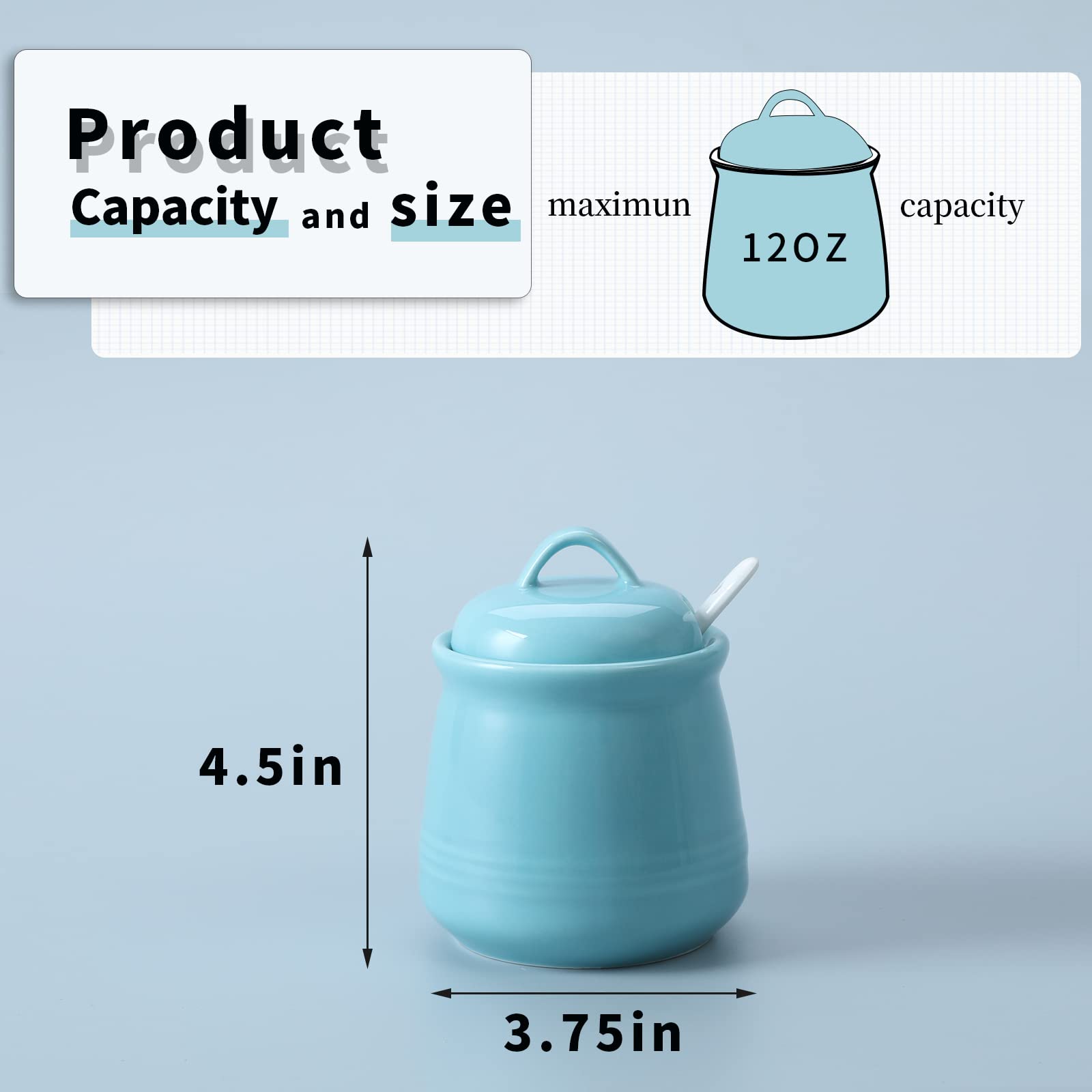HAOTOP 12oz Porcelain Sugar Bowl with Lid & Spoon - Ceramic Salt & Spice Container for Kitchen, Dining & Coffee Tea Station - Elegant Blue Home Decor