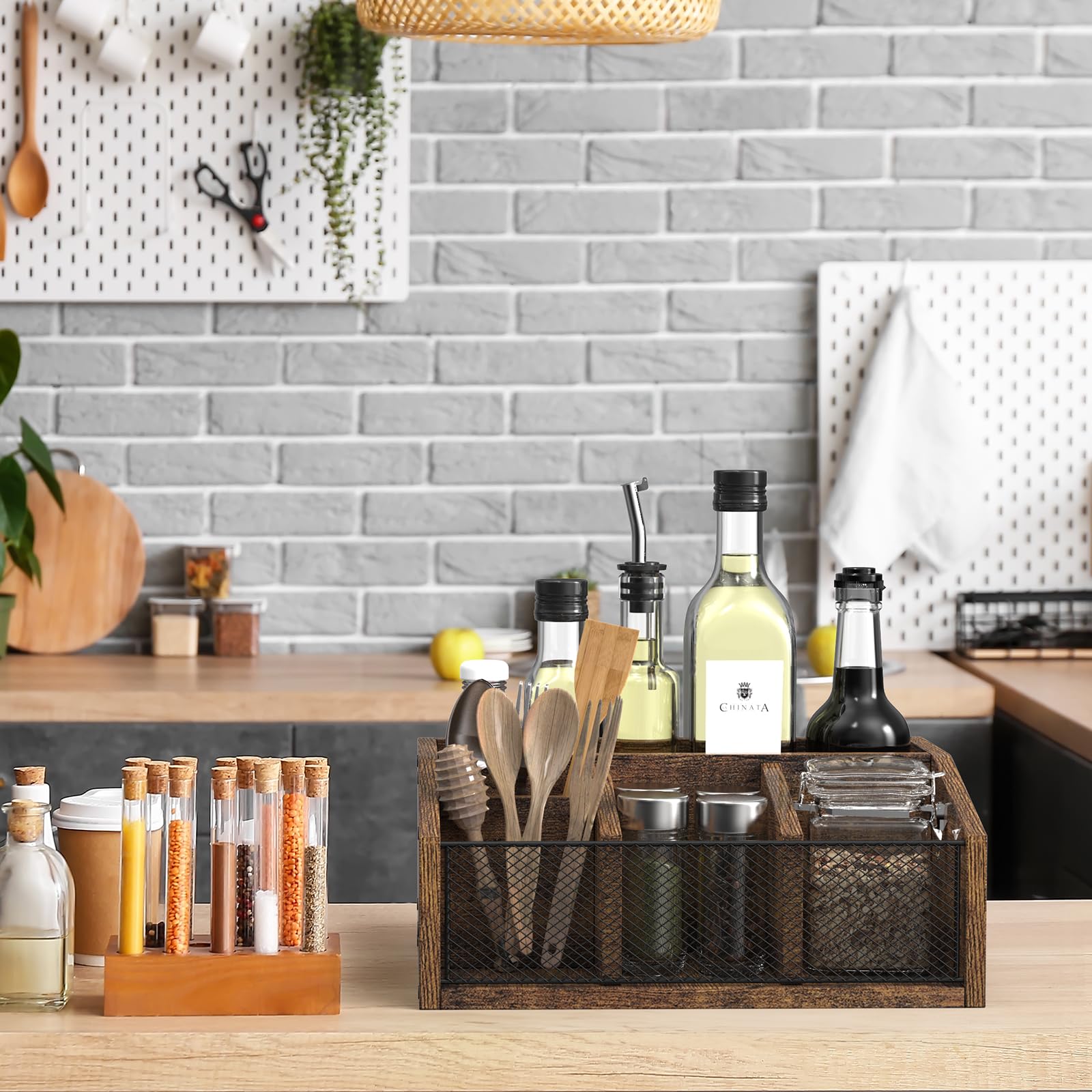 Wooden Coffee Bar Station Organizer - Rustic Tea & Condiment Holder with Cup Storage | Perfect for Kitchen Countertops, Coffee Shops & Home Bars