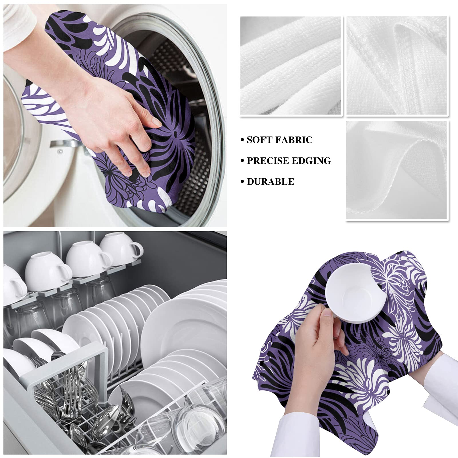Premium Microfiber Dish Towels Set of 4 - Super Absorbent & Quick-Drying Kitchen Tea Towels (18x28 Inch) in Retro Black, White & Purple Patterns | Ideal for Dishes, Countertops & Bathroom Use