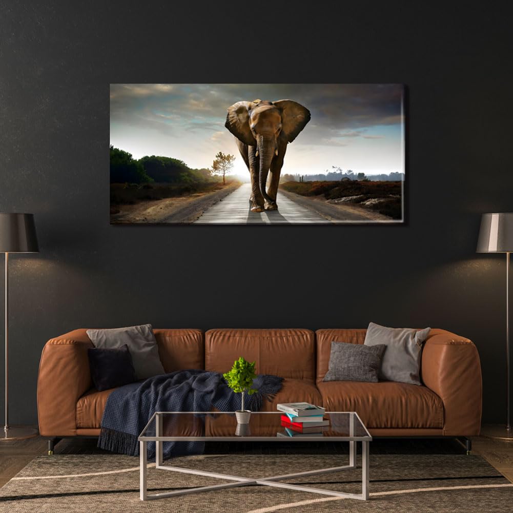 Black and White Elephant Canvas Wall Art - Large Modern Walking Animal Painting for Home & Bedroom Decor | Perfect for Living Room, Nursery & Office