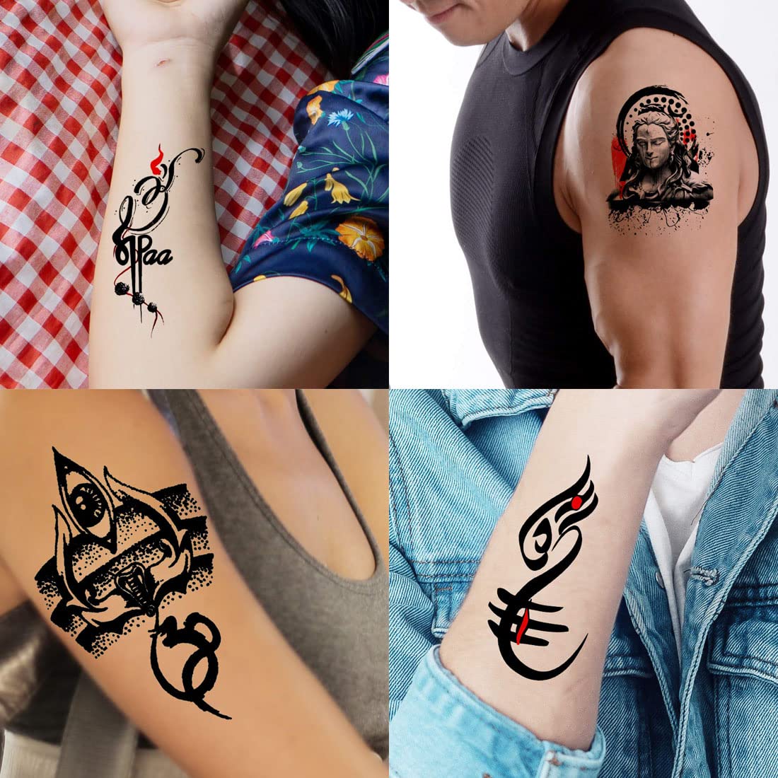 Om Trishul with Lord Shiva Temporary Tattoos - Pack of 4 Waterproof Body Art Stickers (2x4 Inch) for Men & Women - Perfect for Festivals, Yoga, Spiritual Events & Costume Parties