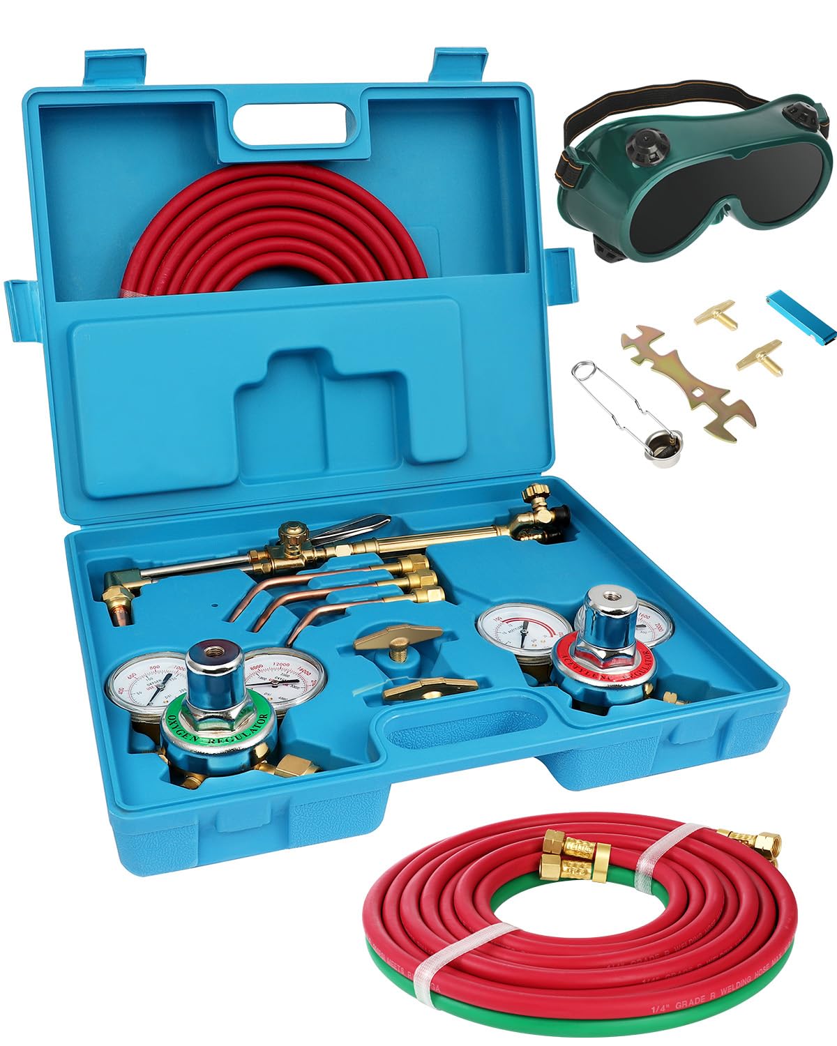 Professional Oxy Acetylene Torch Kit with Regulator Gauges & Safety Goggles - Portable Oxygen Cutting & Welding Torch Set for Metal Fabrication, Brazing, and Repair Work - Includes Two Hoses in Durable Blue Case