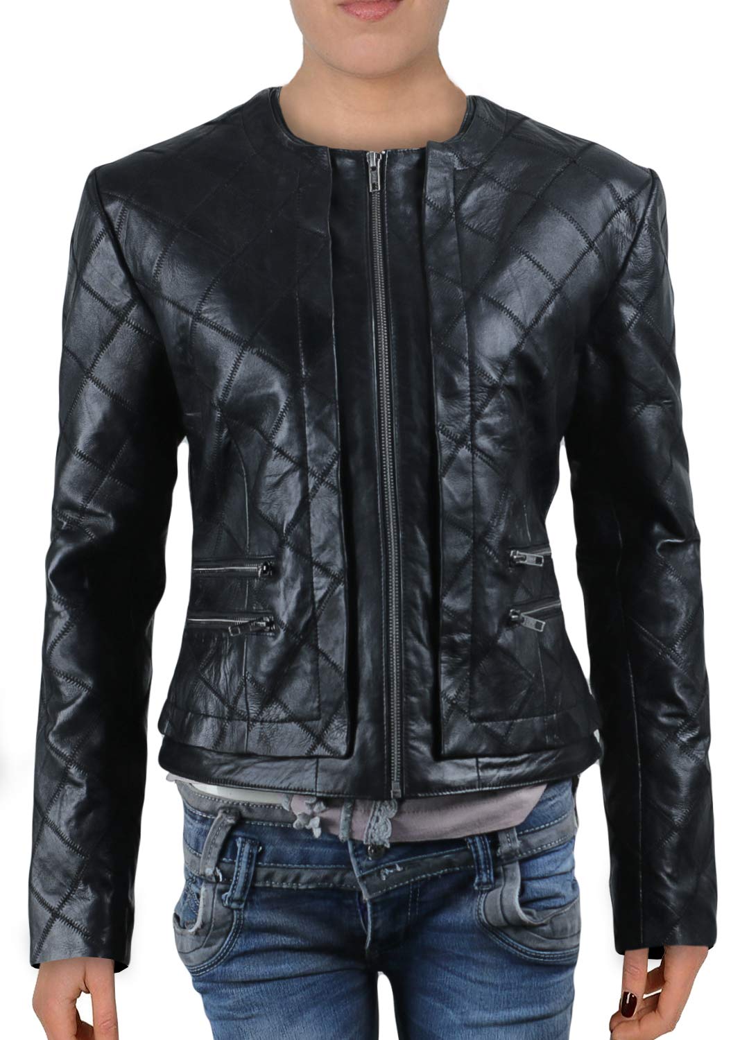 Laverapelle Women's Genuine Lambskin Leather Jacket - Black Quilted Block Design | Stylish Winter Coat for Casual Outings & Date Nights
