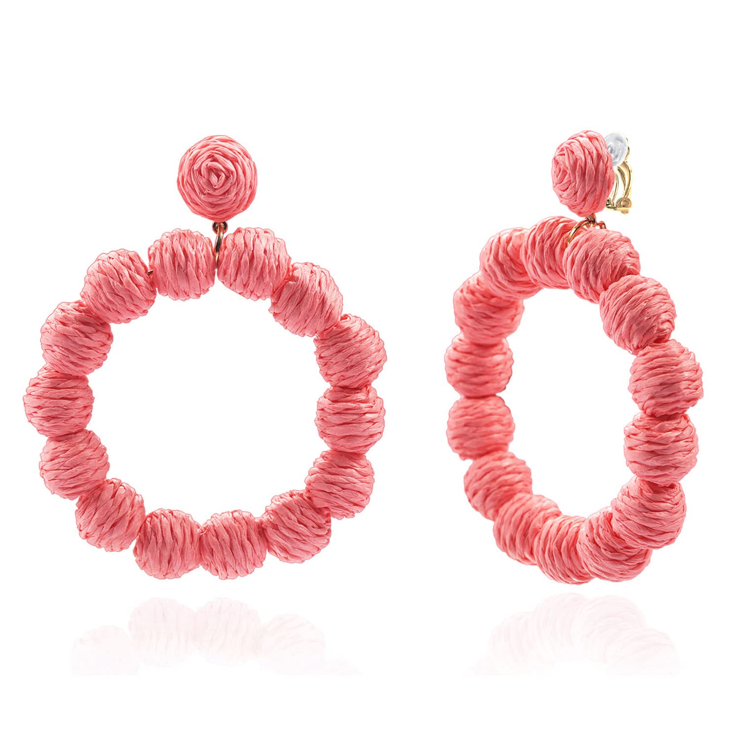 **XGALBLA Handmade Bohemian Rattan Hoop Earrings for Women - Clip On Dangle Earrings, Non-Pierced Straw Wicker Raffia Summer Jewelry - Perfect for Beach, Vacation & Boho Fashion Accessories**