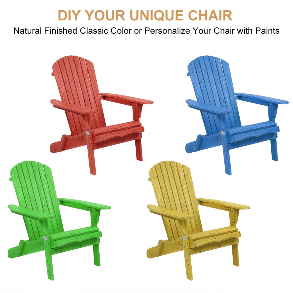 VINGLI 2-Pack Wooden Adirondack Chairs - Ergonomic Folding Outdoor Patio Lounge Chairs with Natural Finish - Perfect for Beach, Poolside, Balcony, Garden & Backyard Relaxation