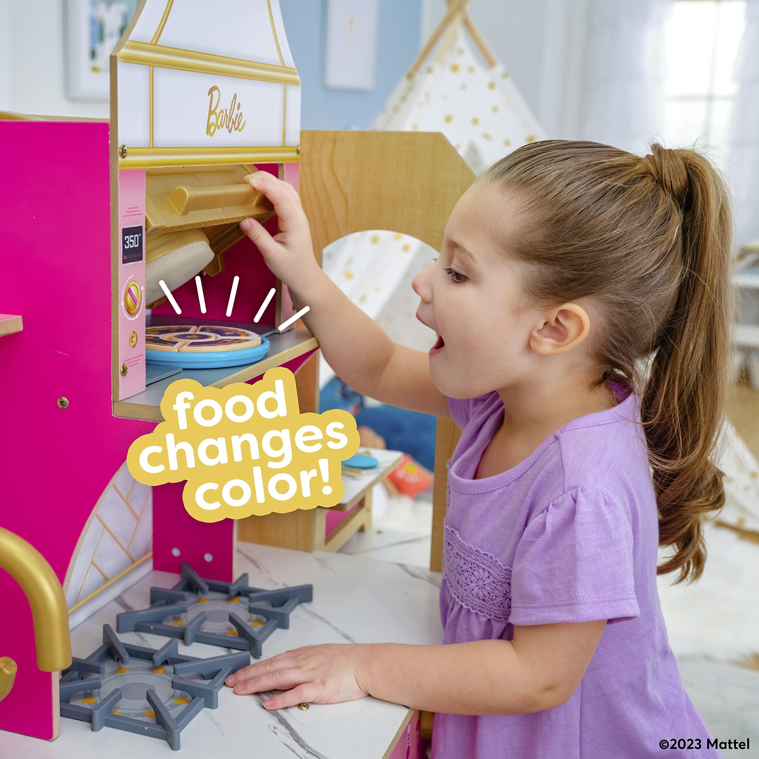 KidKraft Barbie™ Wooden Play Kitchen Set with Lights, Sounds & 30 Accessories - Interactive Pretend Play Toy for Girls Ages 3+ | Perfect for Birthday Gifts & Indoor Role-Playing Games