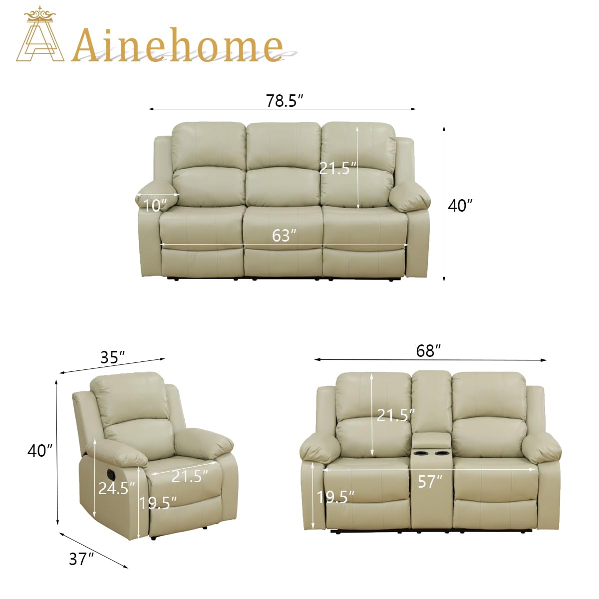 Ainehome 3-Piece Recliner Sofa Set - Manual Reclining Loveseat with Storage Console & Cup Holders, Bonded Leather Sectional Couch for Living Room, Home Theater or Family Room (Beige) - Comfortable Seating for Movie Nights & Relaxation
