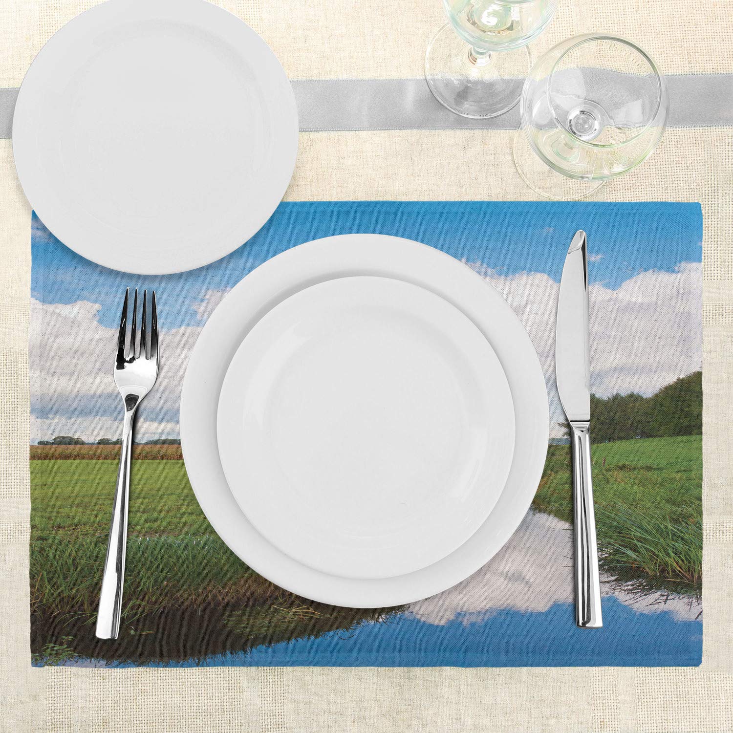 Ambesonne 4-Pack Landscape Place Mats - Reflective Calm River Scenery with Meadow, Clouds & Wildflowers - Washable Fabric Table Mats for Dining Room & Kitchen Decor (Green/Blue/White) - Perfect for Dinner Parties, Family Gatherings & Everyday Meals