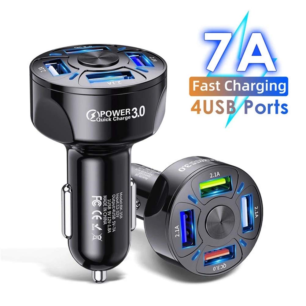 4-Port USB Car Charger Adapter 12V-24V, Fast Charging for iPhone, Samsung, iPad & USB Devices – Universal Car Power Adapter for Phones, Tablets & Accessories – Perfect for Road Trips & Traveling (Black)