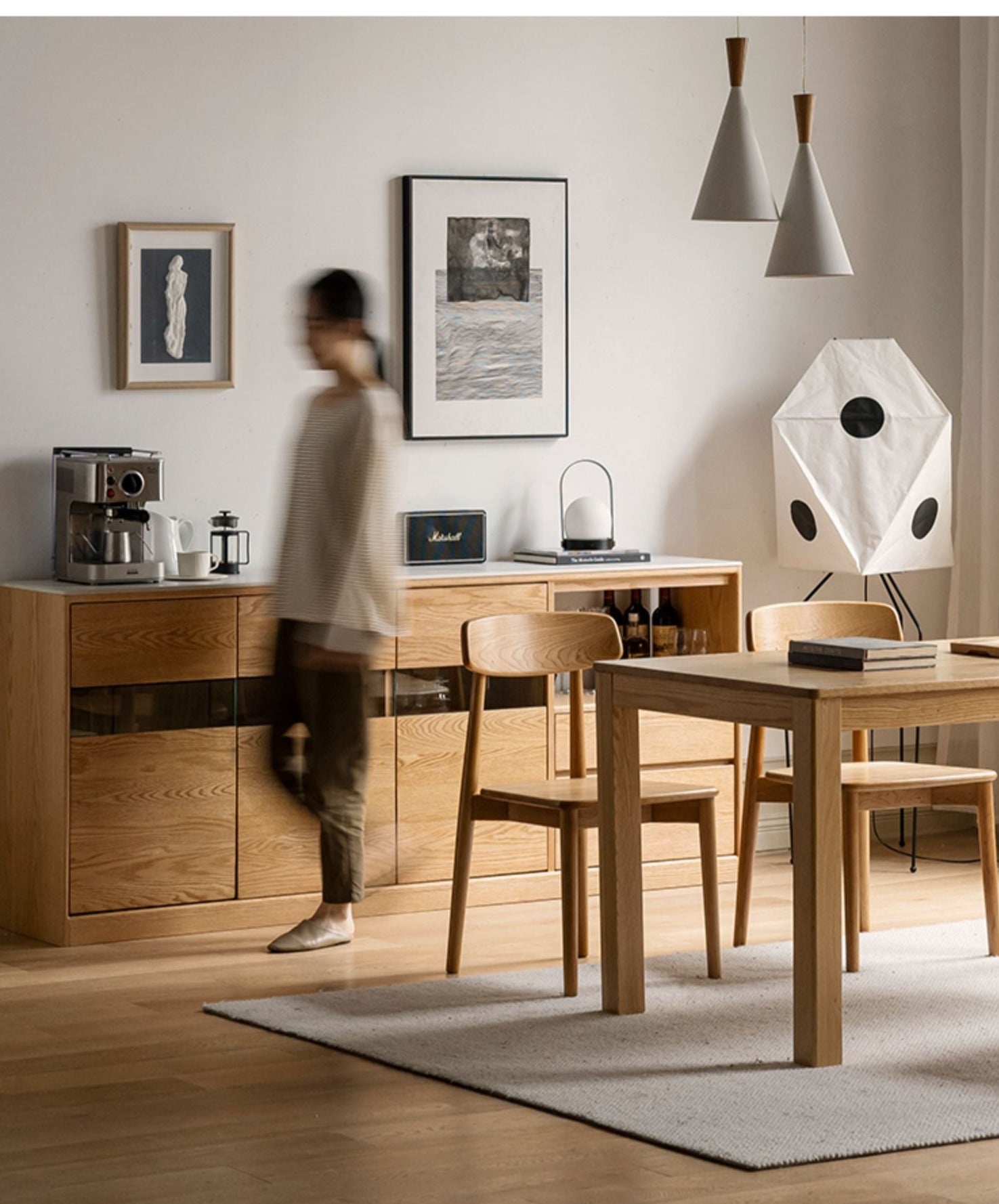 Oak Solid Wood Nordic Sideboard with Slate Top - Modern Buffet Cabinet for Dining Room, Living Room & Entryway Storage