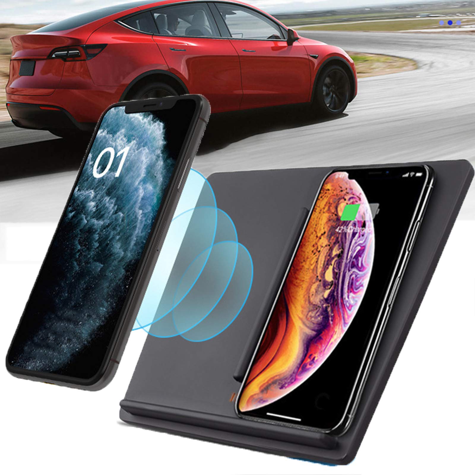 Dual 10W Qi Wireless Car Charger for Tesla Model 3 - Fast Wireless Phone Charging Pad for iPhone, Samsung & Qi-Enabled Phones - Perfect for Tesla Model 3 Center Console - Ideal for Commuting, Road Trips & Daily Driving