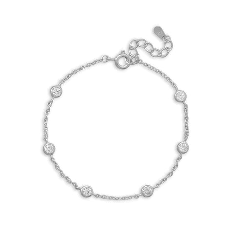7+1 Rhodium Plated 6 Bezel Set Cubic Zirconia Bracelet for Women - Adjustable Size M to H - Elegant Jewelry for Parties, Weddings & Special Occasions