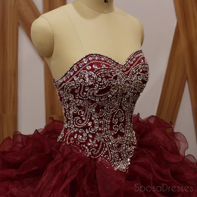 Elegant Maroon Ball Gown with Beaded Organza - Long Evening Prom Dress for Women | Sweet 16 Dresses | Perfect for Formal Events, Homecoming, Quinceañera & Special Occasions