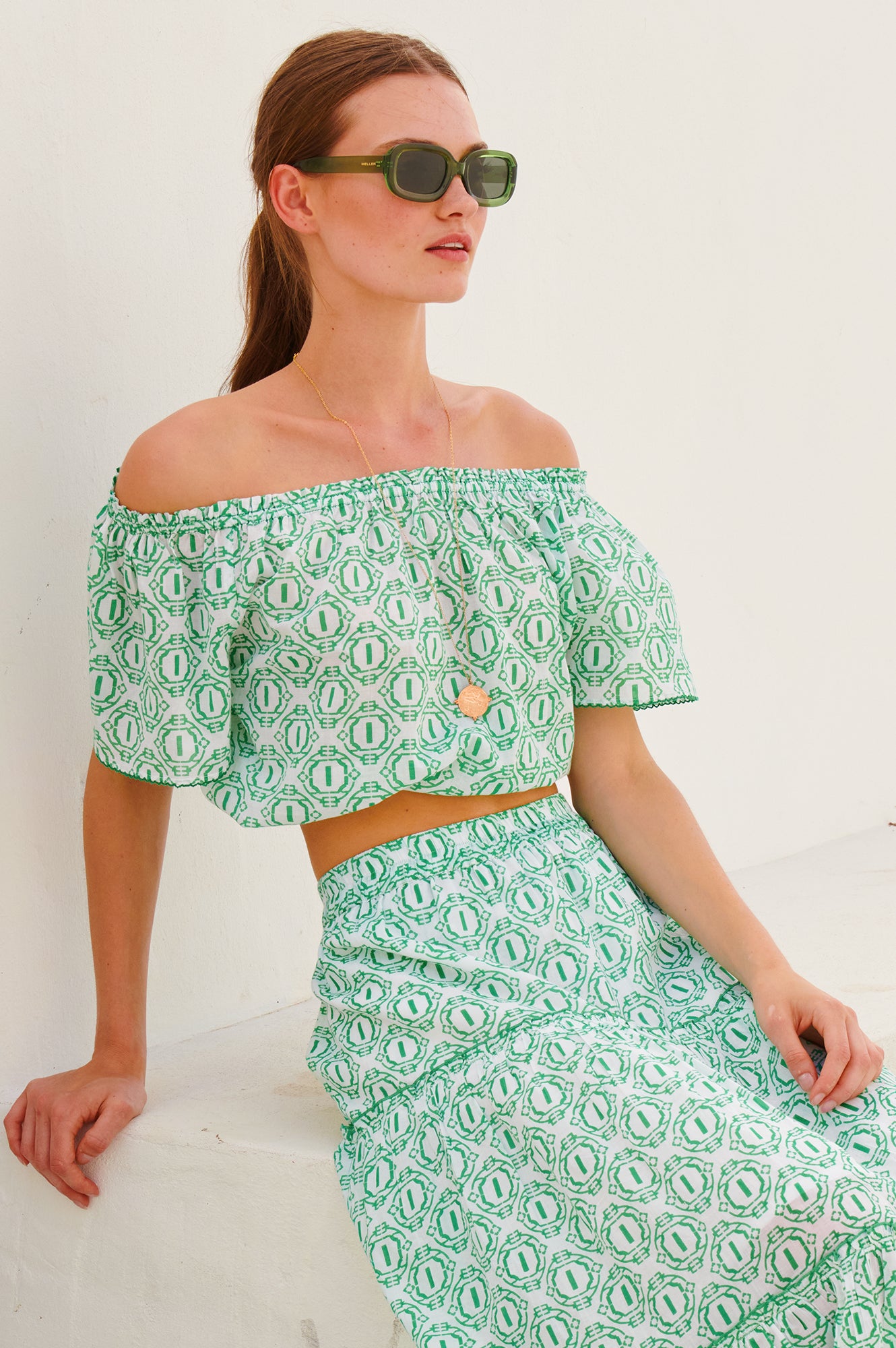 Ilana Organic Cotton Top | Circle Geo Green | Eco-Friendly Women's Blouse for Casual Wear & Sustainable Fashion