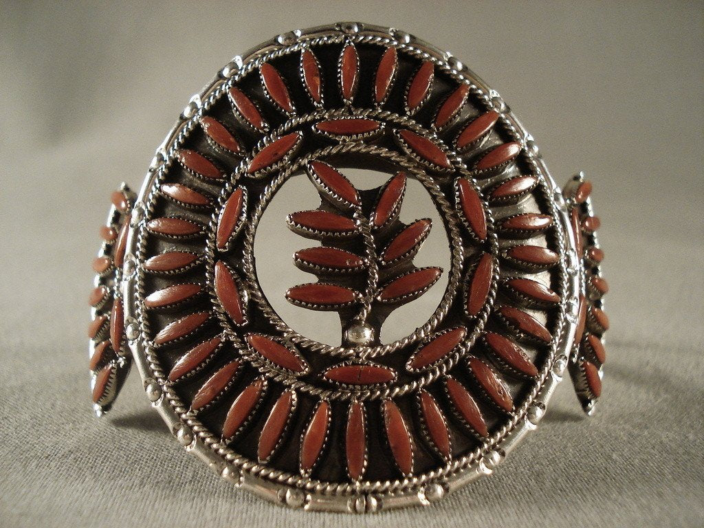 Vintage Zuni Coral Native American Jewelry Sterling Silver Bracelet - Handmade Tribal Artisan Jewelry for Women, Boho Chic Accessories for Casual Wear & Special Occasions