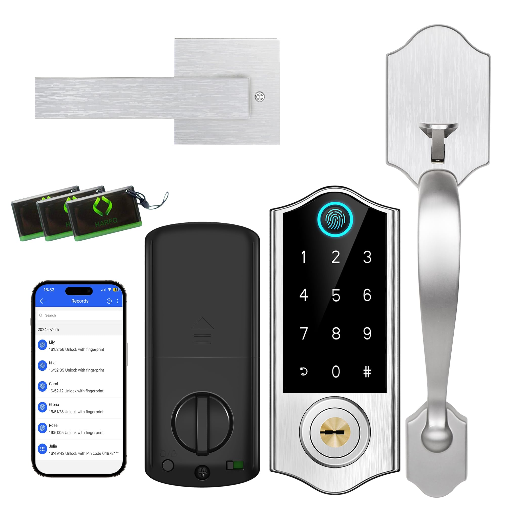 Harfo Smart Door Lock with Fingerprint, Keypad & App Control - Keyless Entry Digital Deadbolt, Touchscreen Electronic Front Door Handle Set, Auto Lock in Satin Nickel - Perfect for Home Security & Smart Home Automation