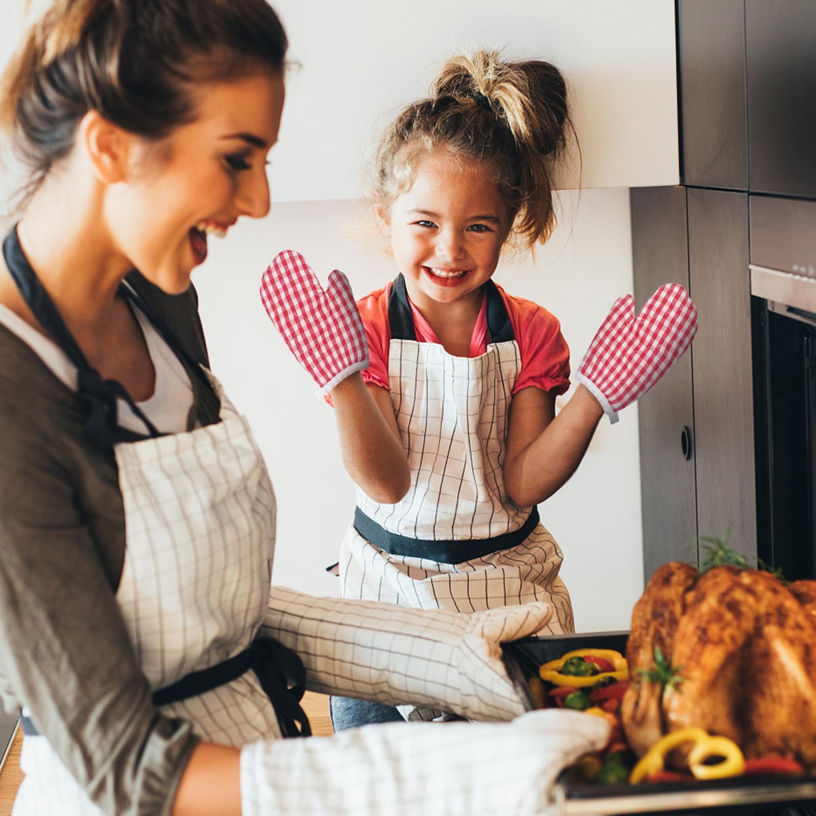 UPKOCH Red Plaid Heat Resistant Oven Mitts for Kids - Cute Kitchen Gloves for Baking & Cooking (2 Pack) - Extra Long Silicone Lined Mittens - Perfect for Young Bakers, Home Chefs & Holiday Cookie Decorating