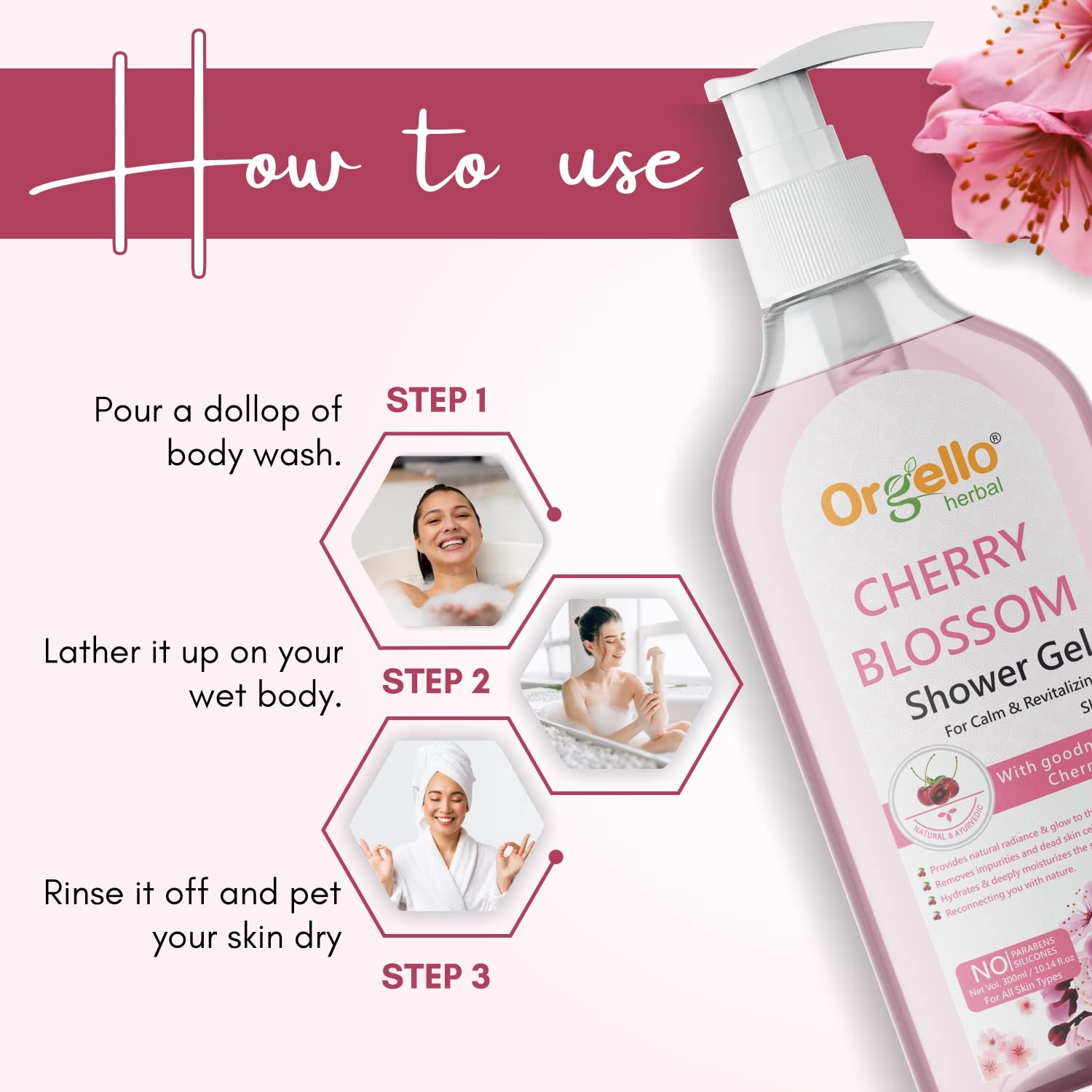 Orgello Cherry Blossom Shower Gel for All Skin Types - Hydrating & Moisturizing Body Wash, Paraben & Silicone Free, 300ml - Perfect for Daily Shower & Spa Relaxation at Home