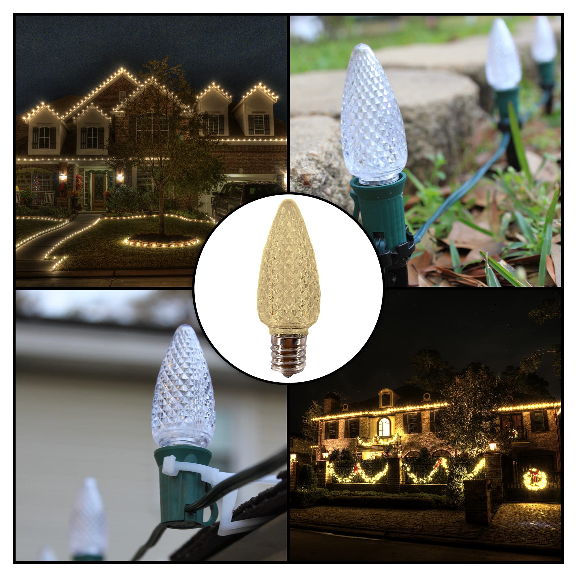 C9 LED Christmas Lights Bulbs - 25 Pack Warm White Faceted Candle Shape E17 Base Replacement Bulbs for Indoor/Outdoor Holiday Decorations, Roof Lights, and Commercial Displays