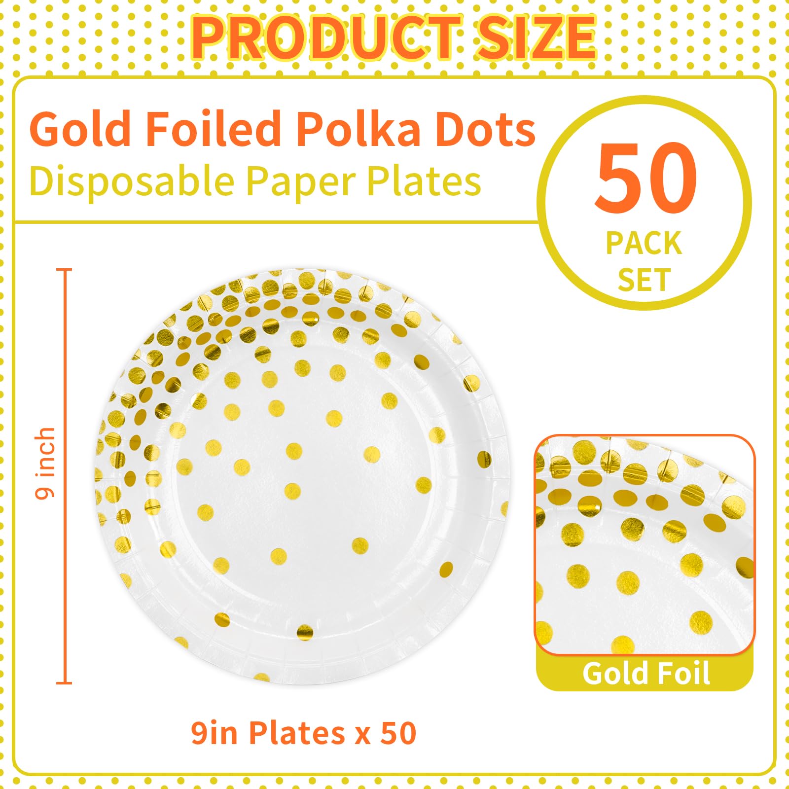 DYLIVeS 9 Inch White and Gold Metallic Foil Polka Dot Disposable Paper Plates - Elegant Dessert & Cocktail Party Supplies for Birthday, Bridal Shower, Easter, Graduation Decorations - 50 Pack - Perfect for Elegant Events, Holiday Gatherings & Special Occasions