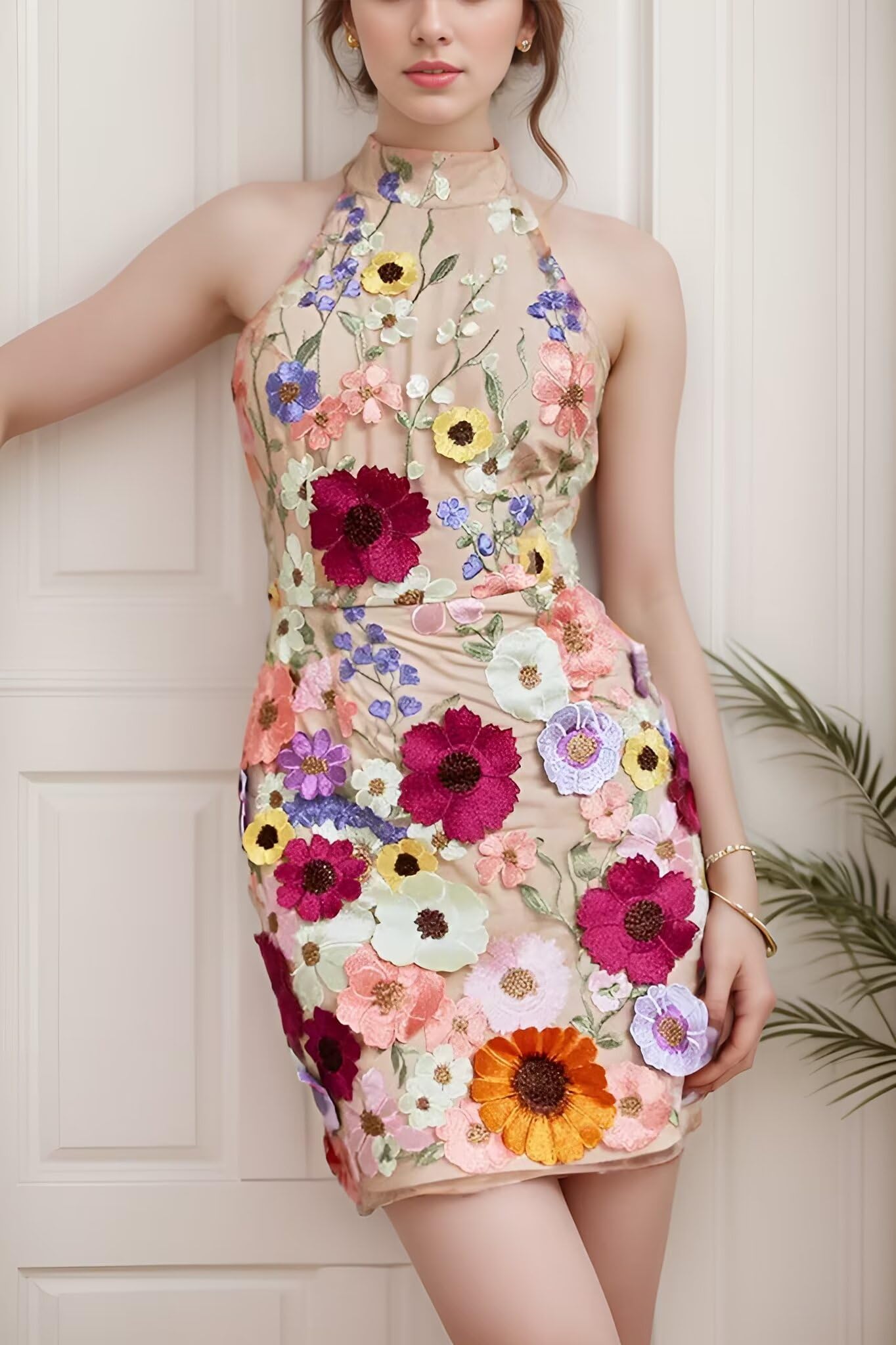 Elegant Floral Appliques Homecoming Dresses for Teens | Short Mock Neck Bodycon Prom Party Gowns DR0562 | Perfect for School Dances, Formal Events & Special Occasions