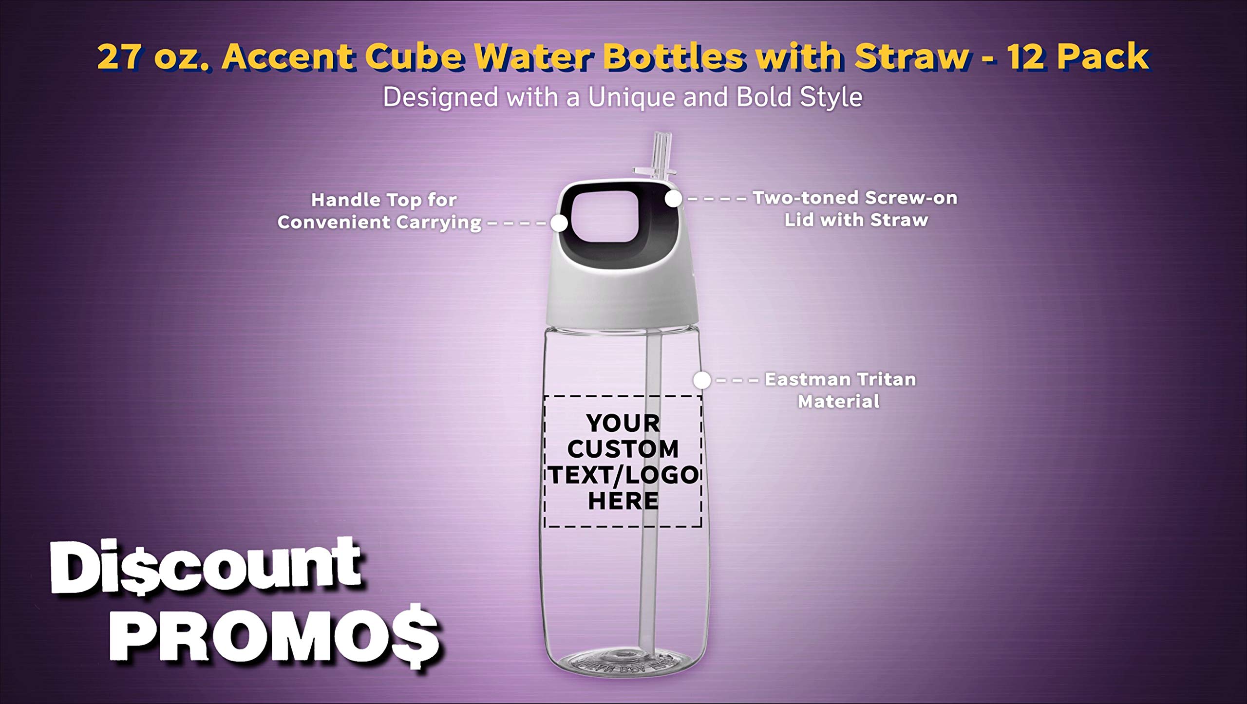 12 Pack 27oz Plastic Water Bottles with Straw - Custom Text & Logo - BPA Free Tritan Material - Accent Cube Design - Perfect for Gym, School & Outdoor Activities