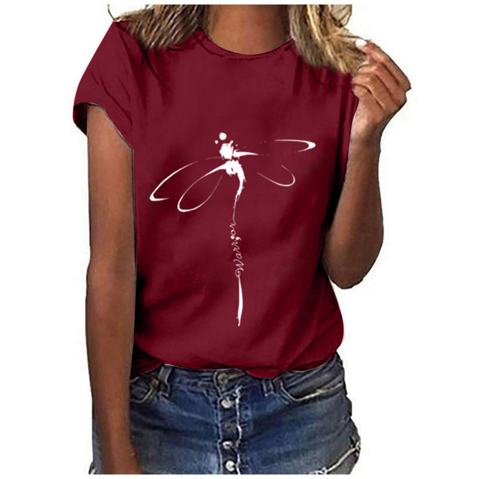 Yomiee Women's Loose Fit Graphic T-Shirt - Dragonfly Print Crewneck Short Sleeve Summer Tee | Casual Basic Top for Everyday Wear, Beach Outings & Weekend Relaxation