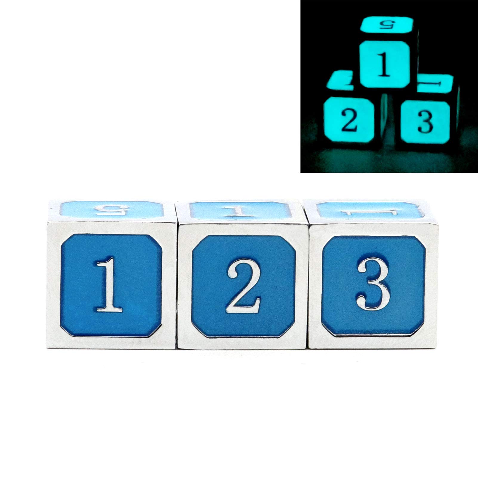 Haxtec 3-Pack Silver Glow in The Dark D6 Dice Set - Blue Glowing Metal Die for Dungeons & Dragons, RPG, Board Games & Tabletop Adventures