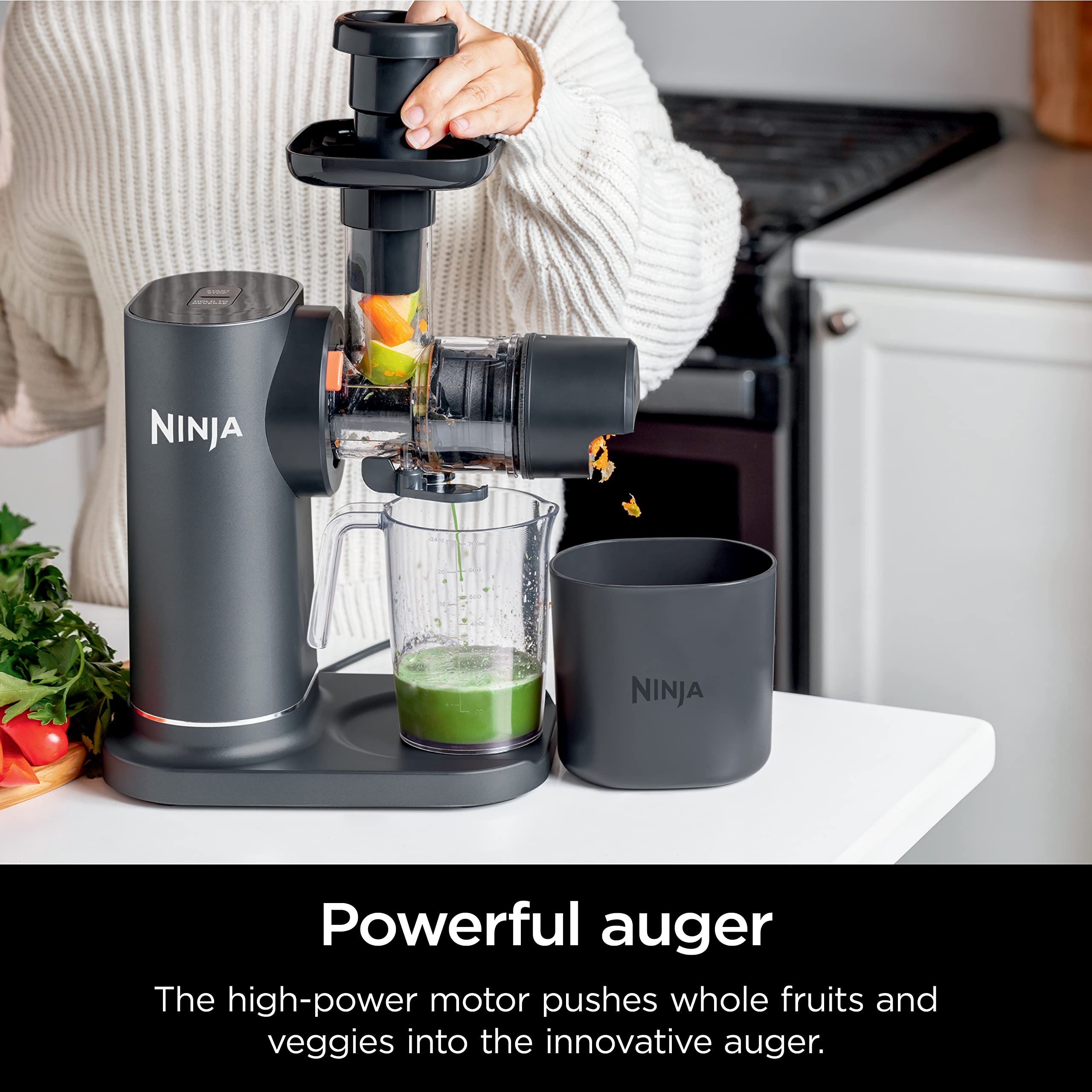 Ninja JC151 NeverClog Cold Press Juicer - Powerful Slow Masticating Juicer with Adjustable Pulp Control, Quiet Countertop Electric Juicer for Fruits & Vegetables, 2 Pulp Settings, Dishwasher Safe, 2nd Gen Charcoal - Perfect for Healthy Juicing, Detox & Weight Loss at Home