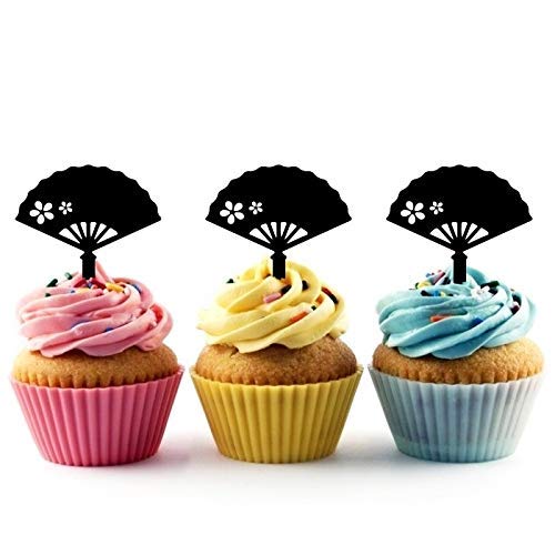 Japanese Sakura Hand Fan Silhouette Acrylic Cupcake Toppers - 12pcs Cherry Blossom Cake Decorations for Birthday, Wedding & Spring Party Desserts