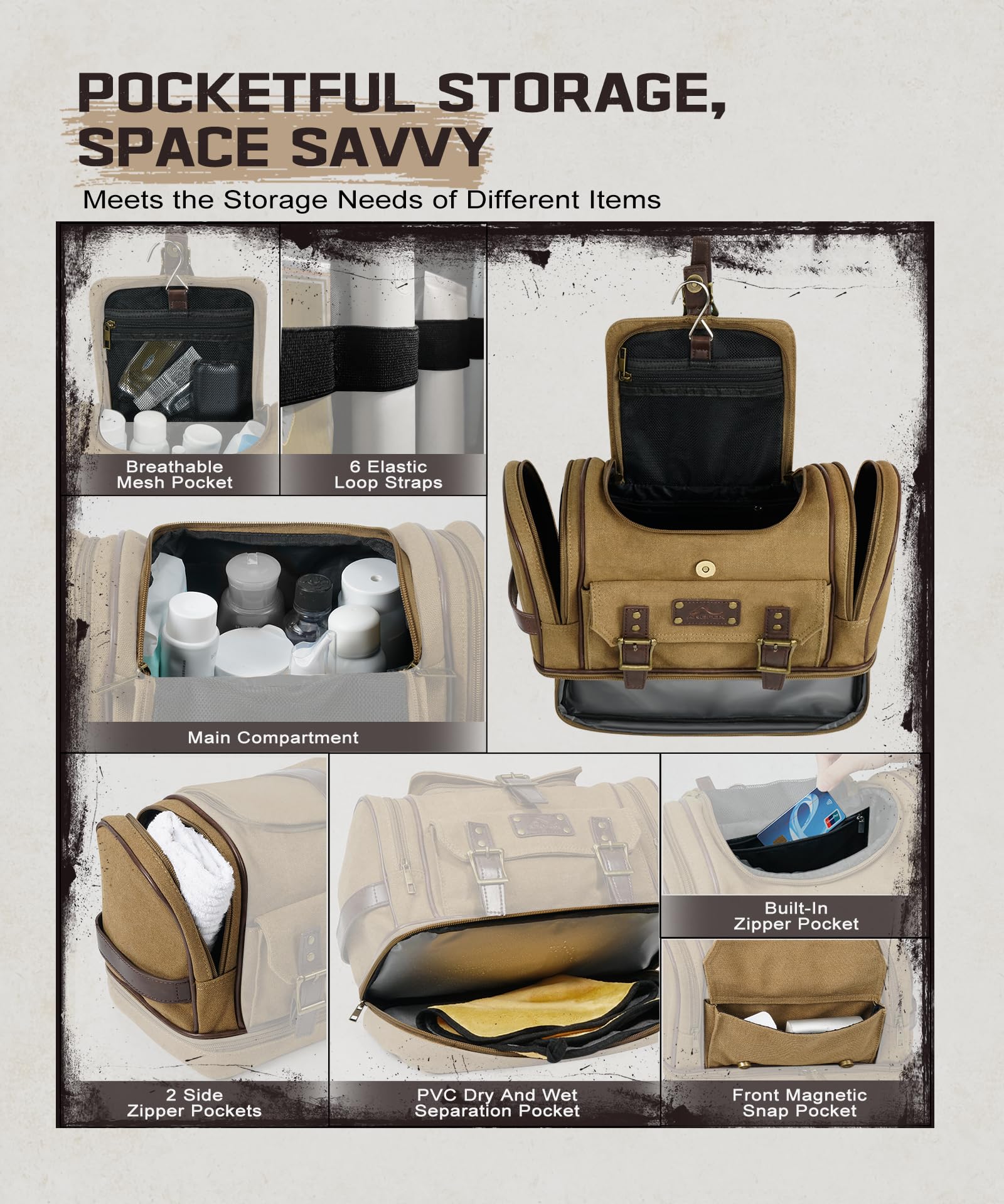 Premium Canvas Hanging Toiletry Bag for Men - 7 Compartment Travel Organizer with Hooks, Large Water-resistant Toiletry Bag for Gym, Camping, Business Trips & Vacation Essentials (Brown)