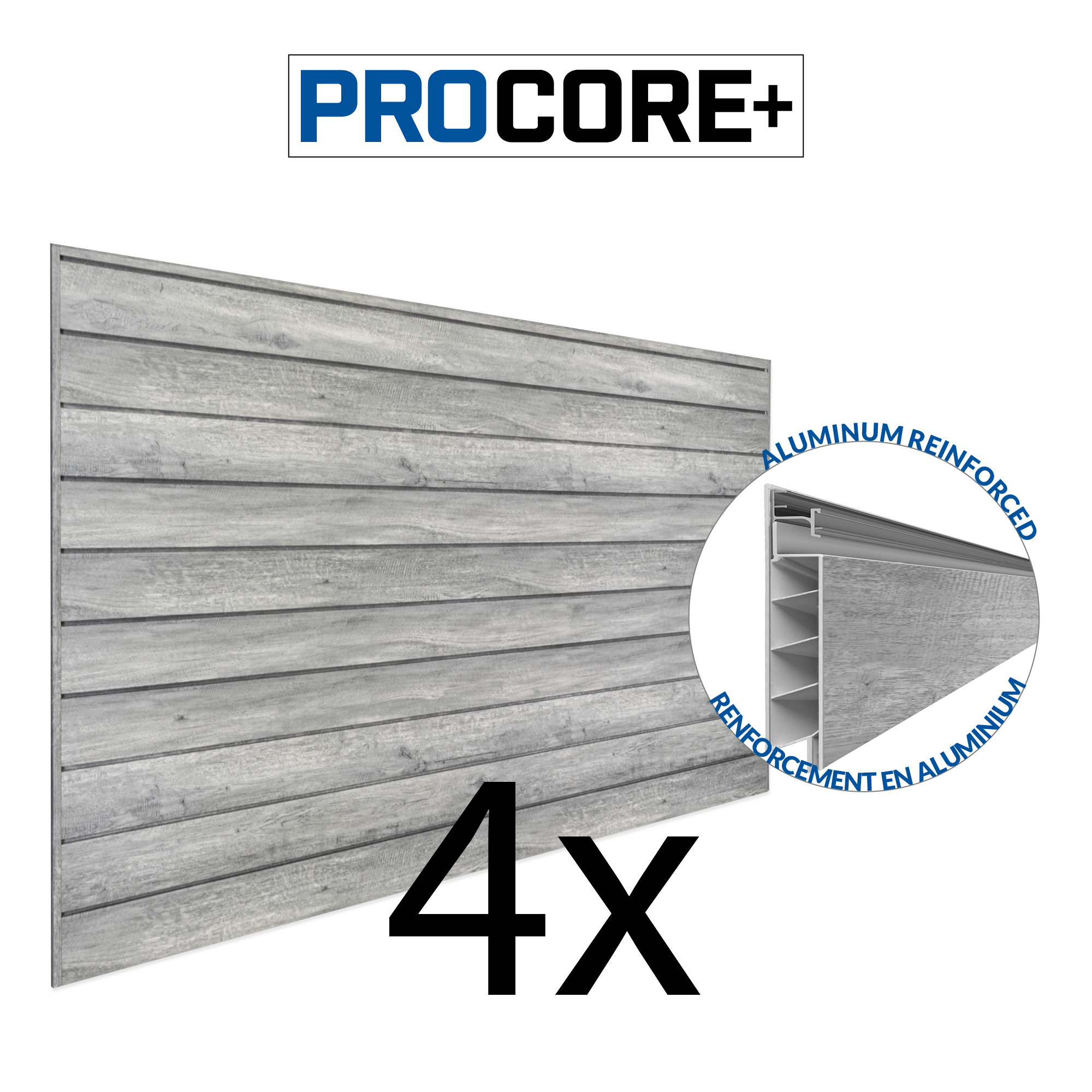 4 ft. x 8 ft. PROCORE+ Gray Wood PVC Slatwall Panel - 4 Pack (128 sq ft) for Retail Store Displays & Wall Organization