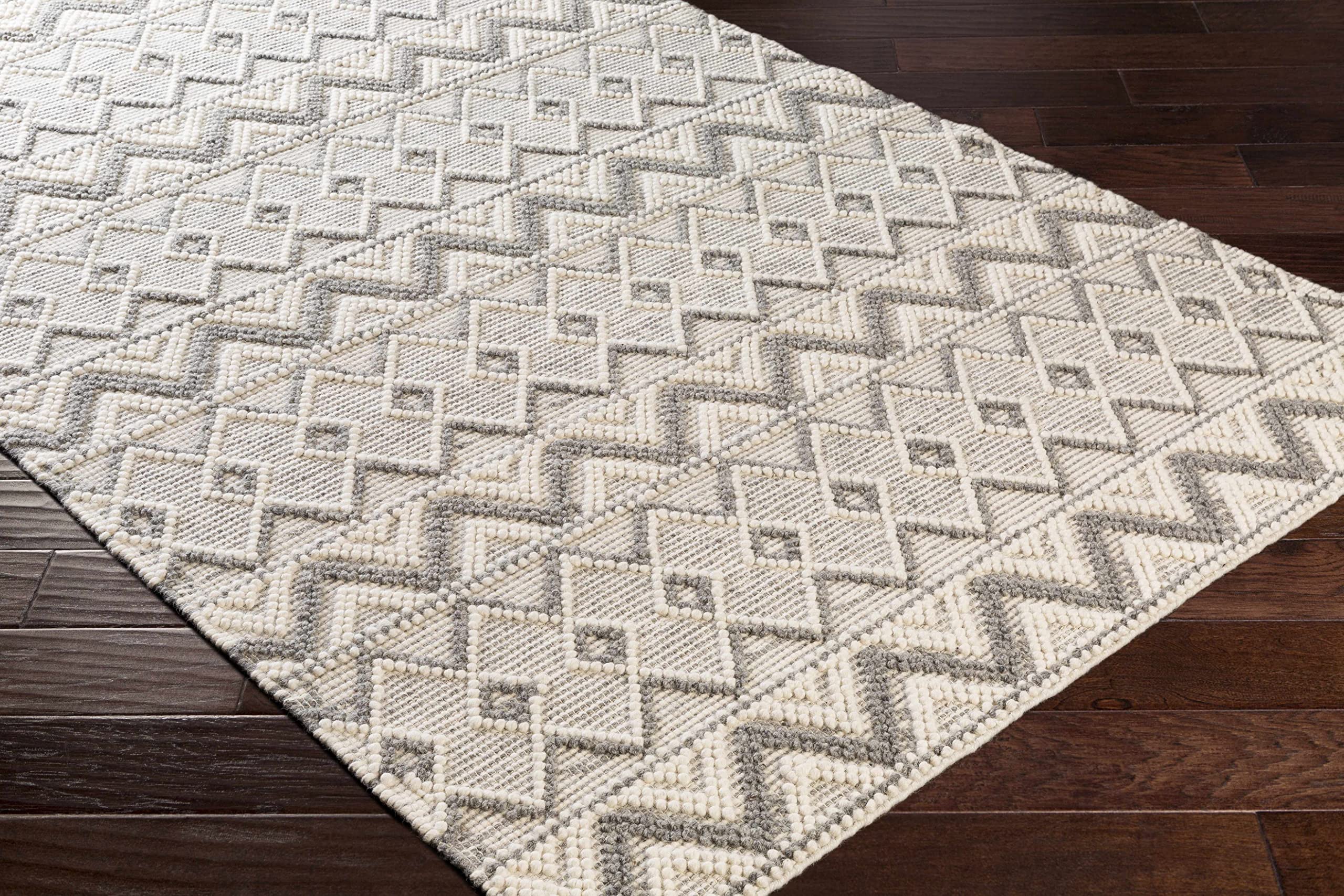 Hauteloom Antigo Boho Handwoven Wool High Low Textured Area Rug - Farmhouse Moroccan Trellis Carpet for Living Room Bedroom - Handmade Zig Zag Bubble Weave - Beige Gray Cream - 5' x 7'6