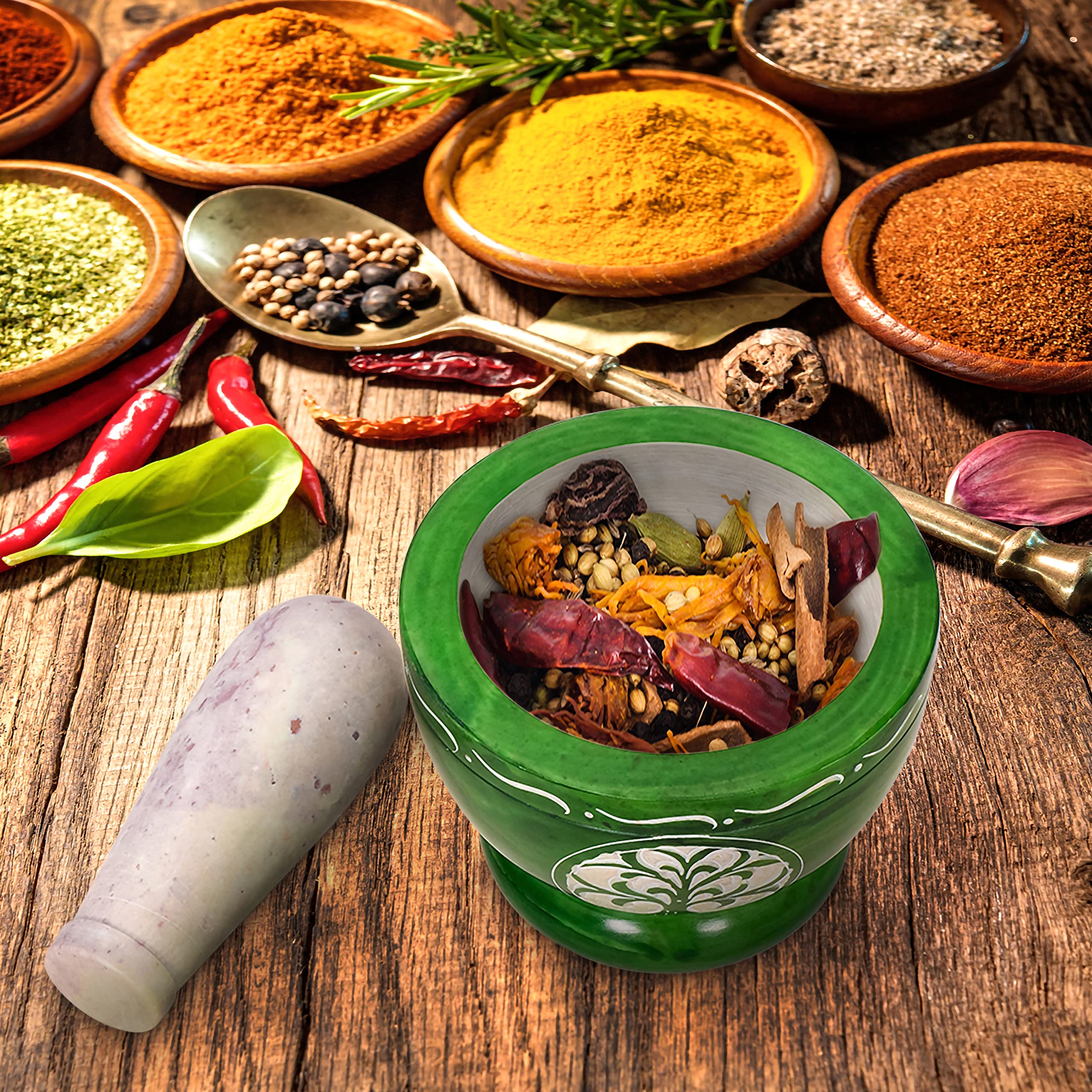 Premium Mortar and Pestle Set - Heavy Duty Polished Natural Stone Spice Grinder for Herbs, Seasonings, Pastes & More (Green Tree of Life Design) - Perfect for Kitchen, Cooking, Ayurveda & Herbal Medicine Preparation