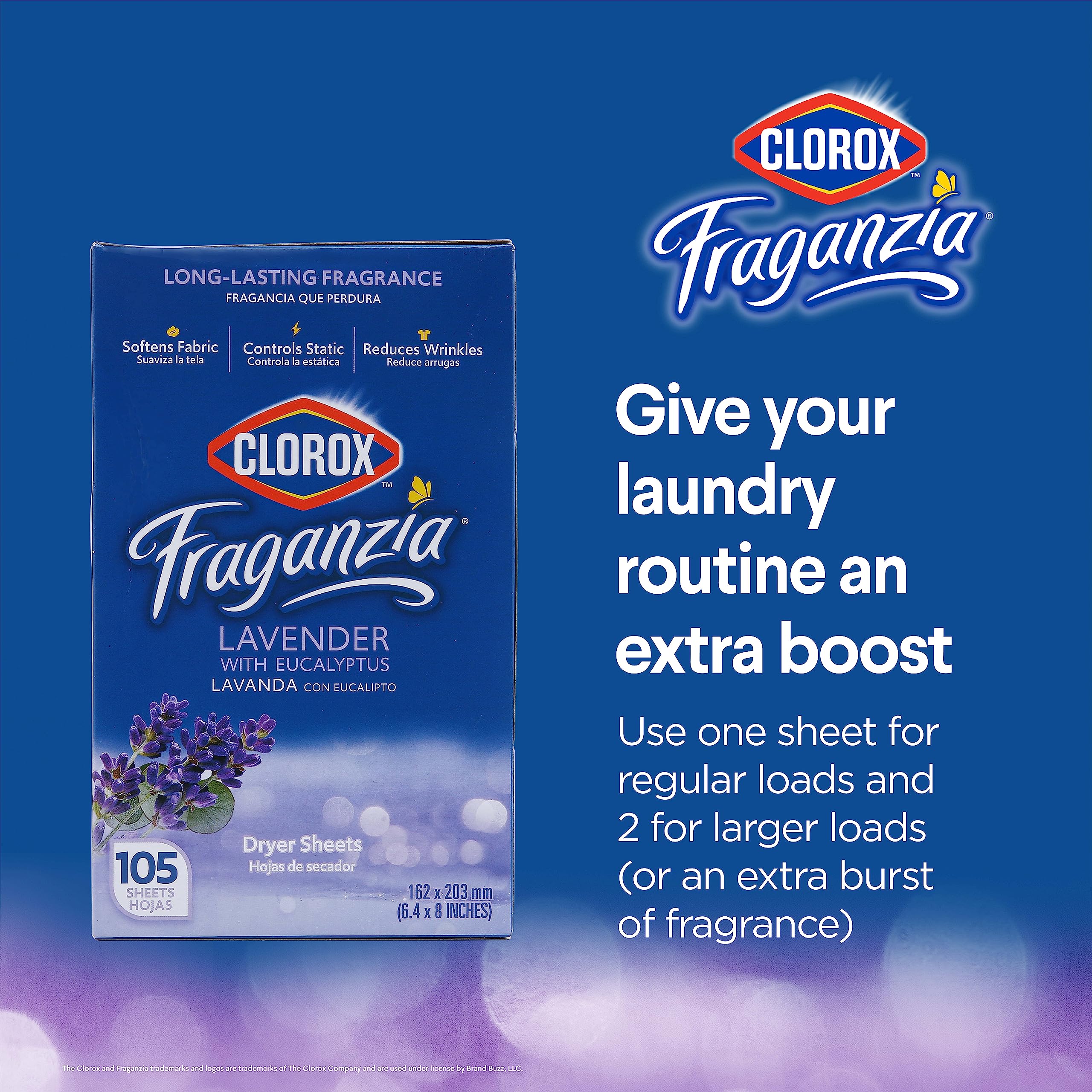 Clorox BB0191 Lavender Scented Fabric Softener Dryer Sheets - 105 Count | Fresh Scented Laundry Softener for Soft Clothes & Static Control | Perfect for Home Laundry, Hotels & Baby Clothes