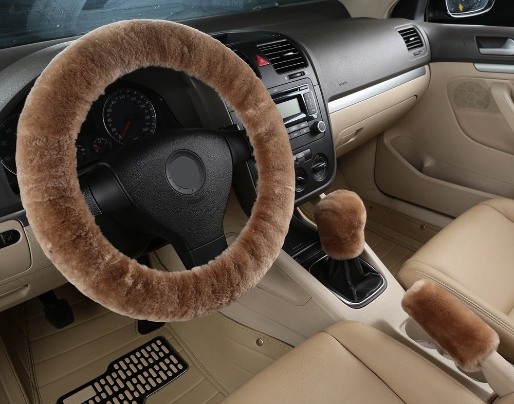 Dotesy 3-Piece Genuine Sheepskin Steering Wheel Cover Set with Gear Shift & Handbrake Covers - Universal 15 Inch Furry Car Accessories (Tan) | Soft Pure Wool for Comfort & Grip | Perfect for Winter Driving & Luxury Car Interiors