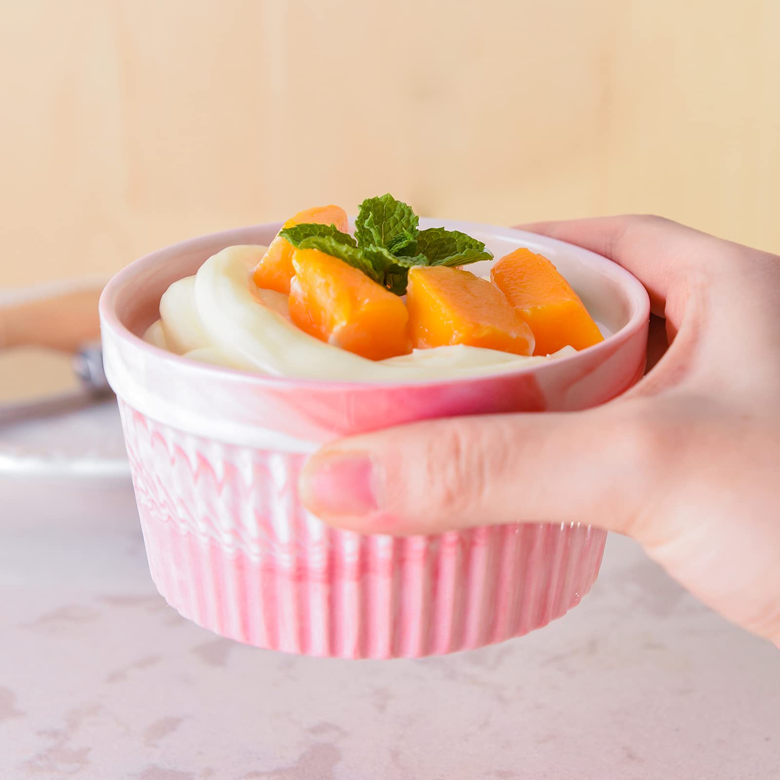 Yundu 8oz Pink Marble Ceramic Ramekins - Oven Safe Baking Bowls for Creme Brulee, Souffle, Desserts (Set of 6) | Perfect for Home Baking, Kitchen Decor & Elegant Dinner Parties